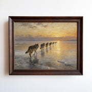 Oil painting of wolf pack running single-file across frozen lake at golden sunrise