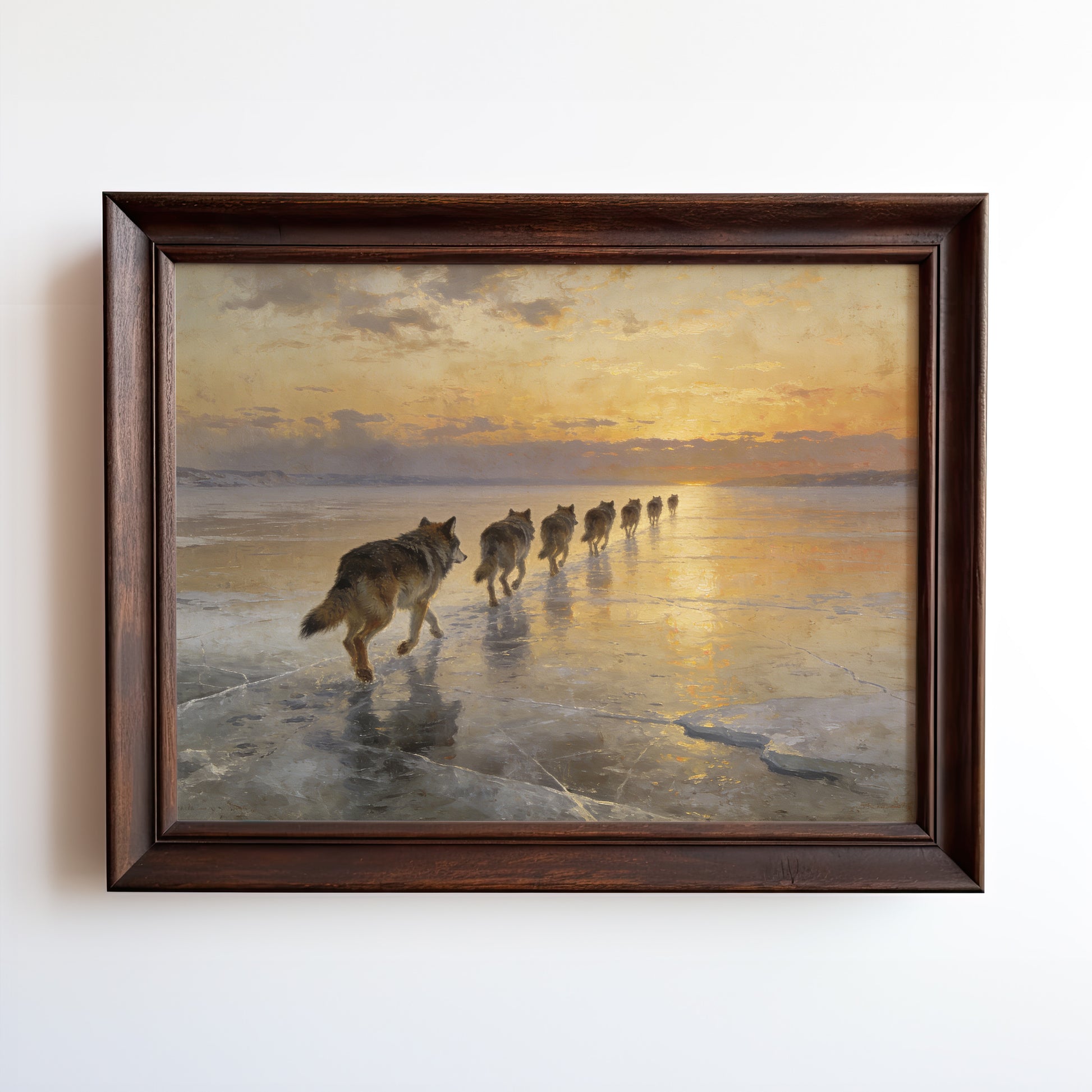 Oil painting of wolf pack running single-file across frozen lake at golden sunrise