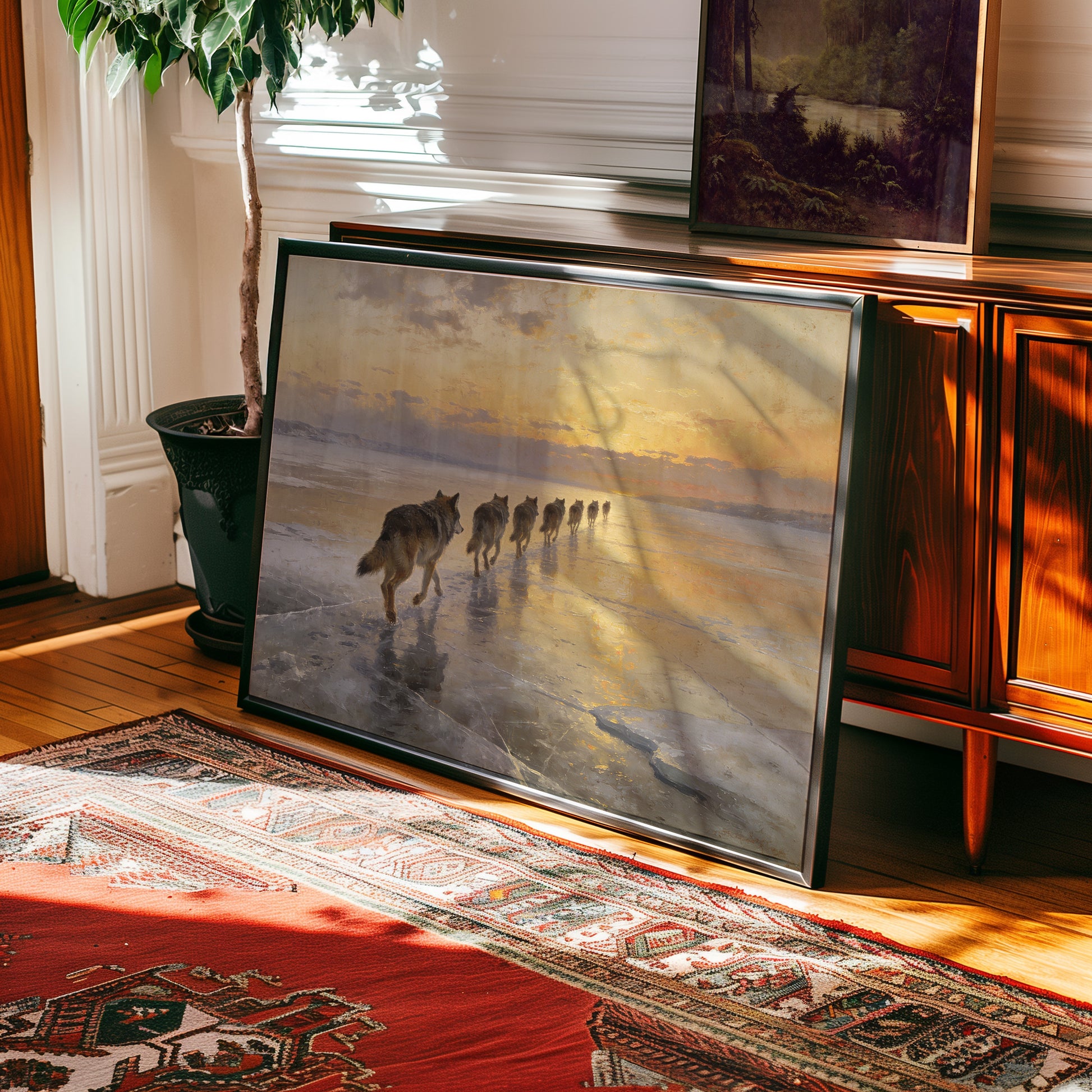 Oil painting of wolf pack running single-file across frozen lake at golden sunrise — view 2