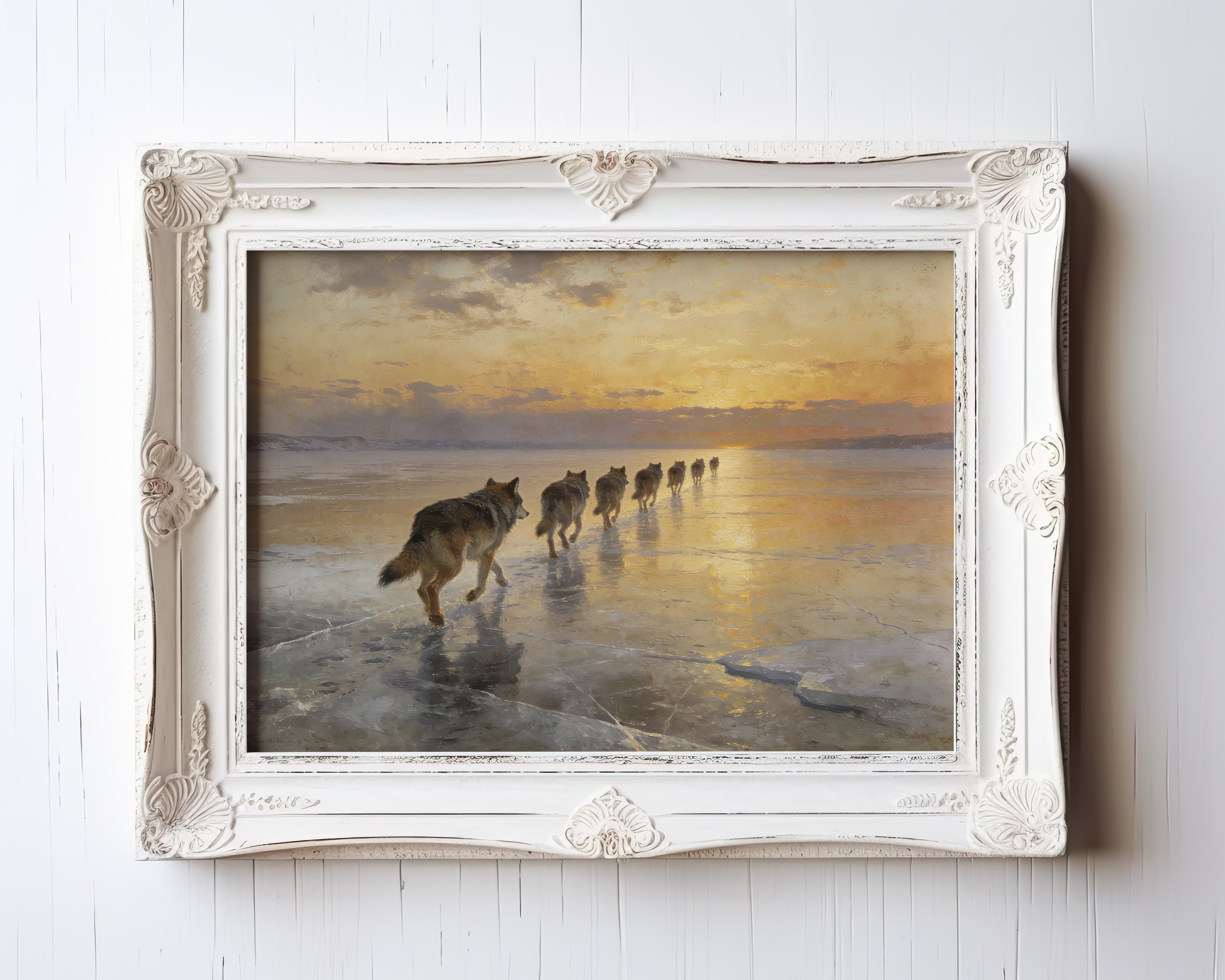 Oil painting of wolf pack running single-file across frozen lake at golden sunrise — view 3