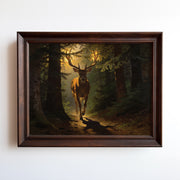 Oil painting of a stag walking through sunlit forest with golden light