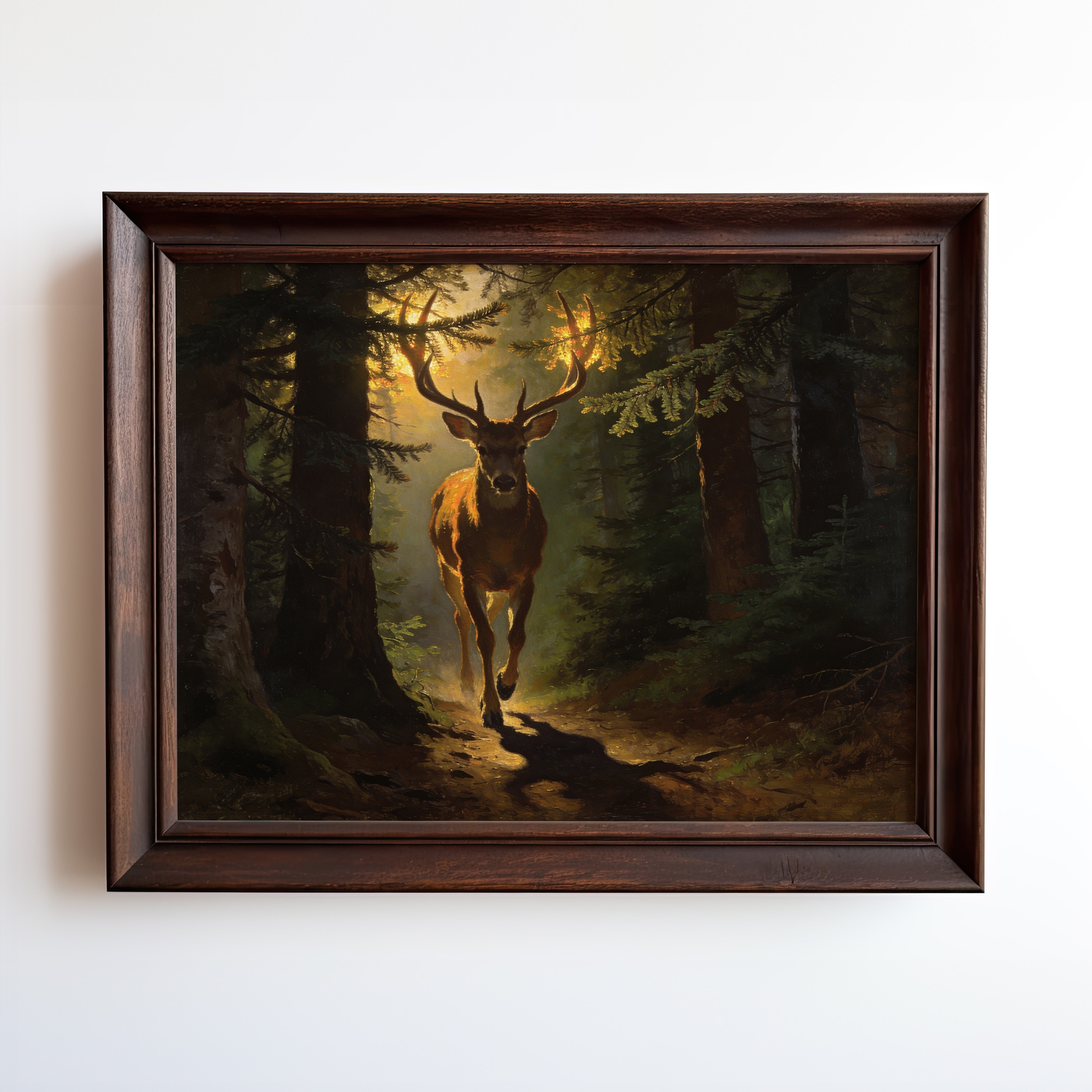 Oil painting of a stag walking through sunlit forest with golden light