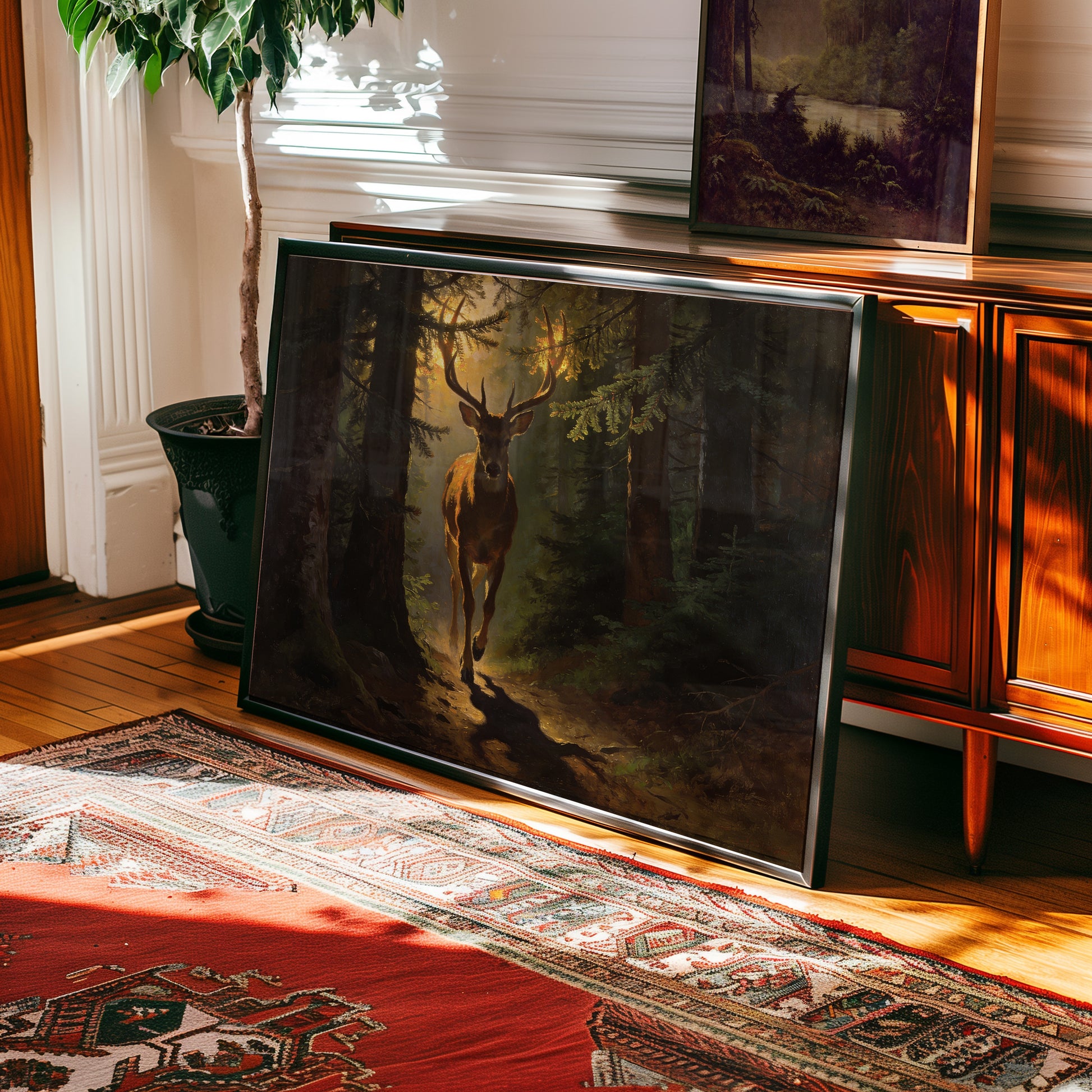 Oil painting of a stag walking through sunlit forest with golden light — view 2