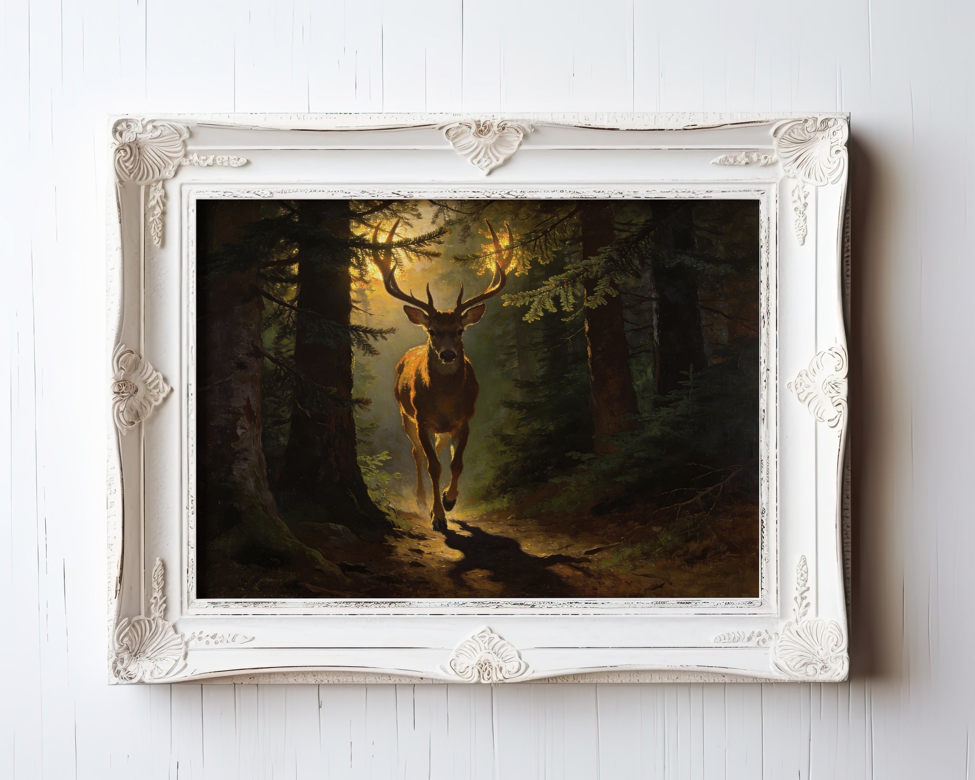 Oil painting of a stag walking through sunlit forest with golden light — view 3