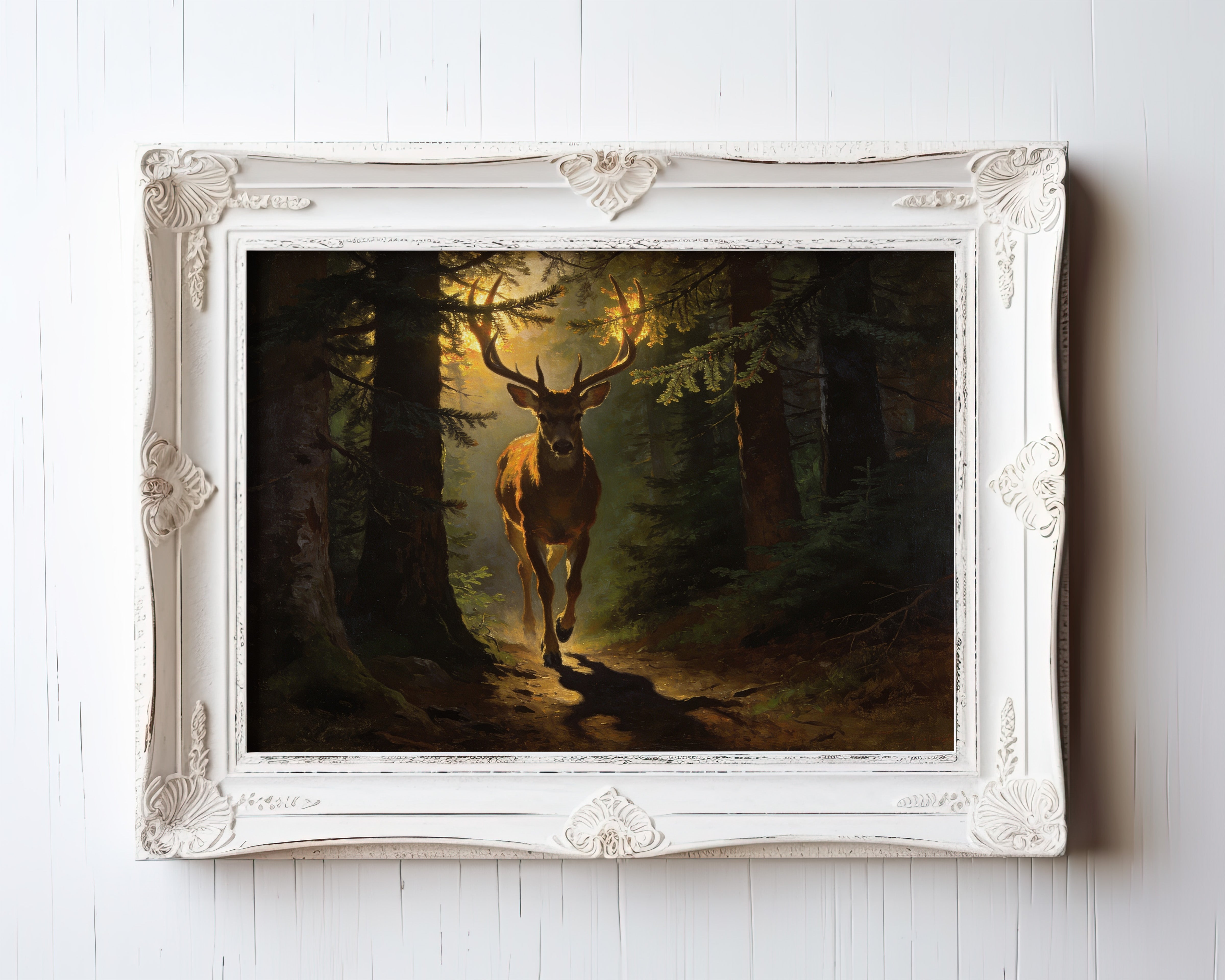 Oil painting of a stag walking through sunlit forest with golden light — view 3