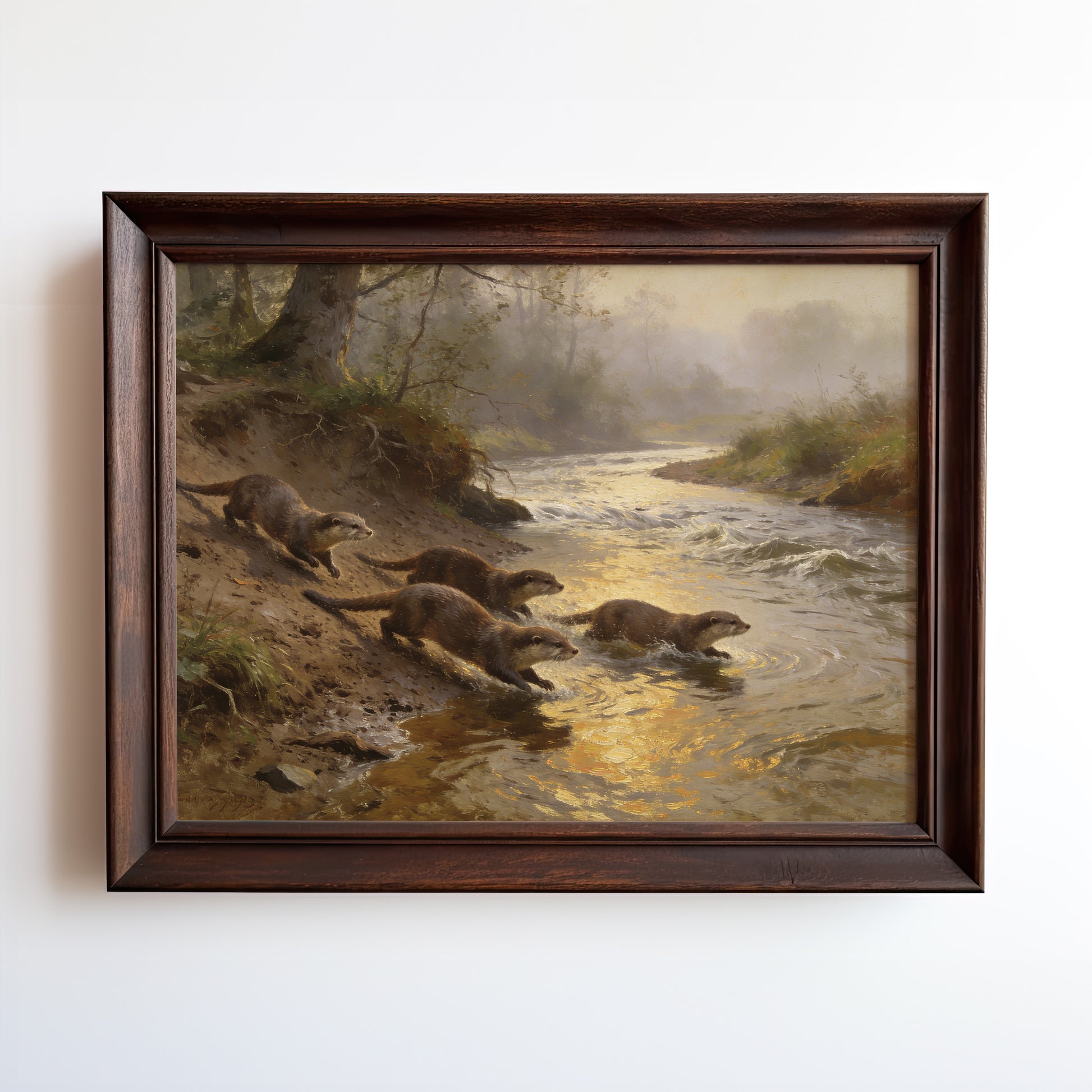 Oil painting of otters entering a misty river at golden hour, wildlife wall art