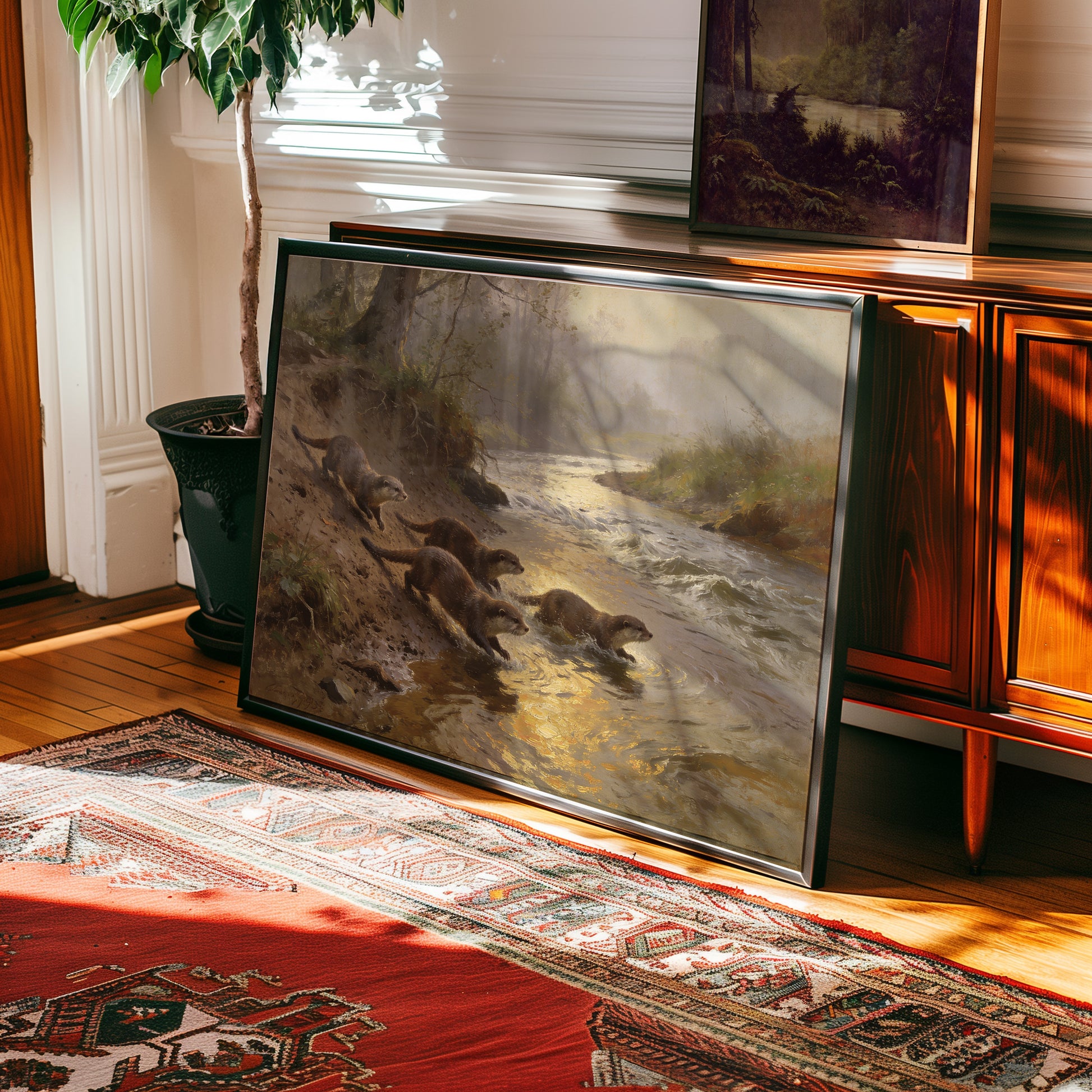Oil painting of otters entering a misty river at golden hour, wildlife wall art — view 2