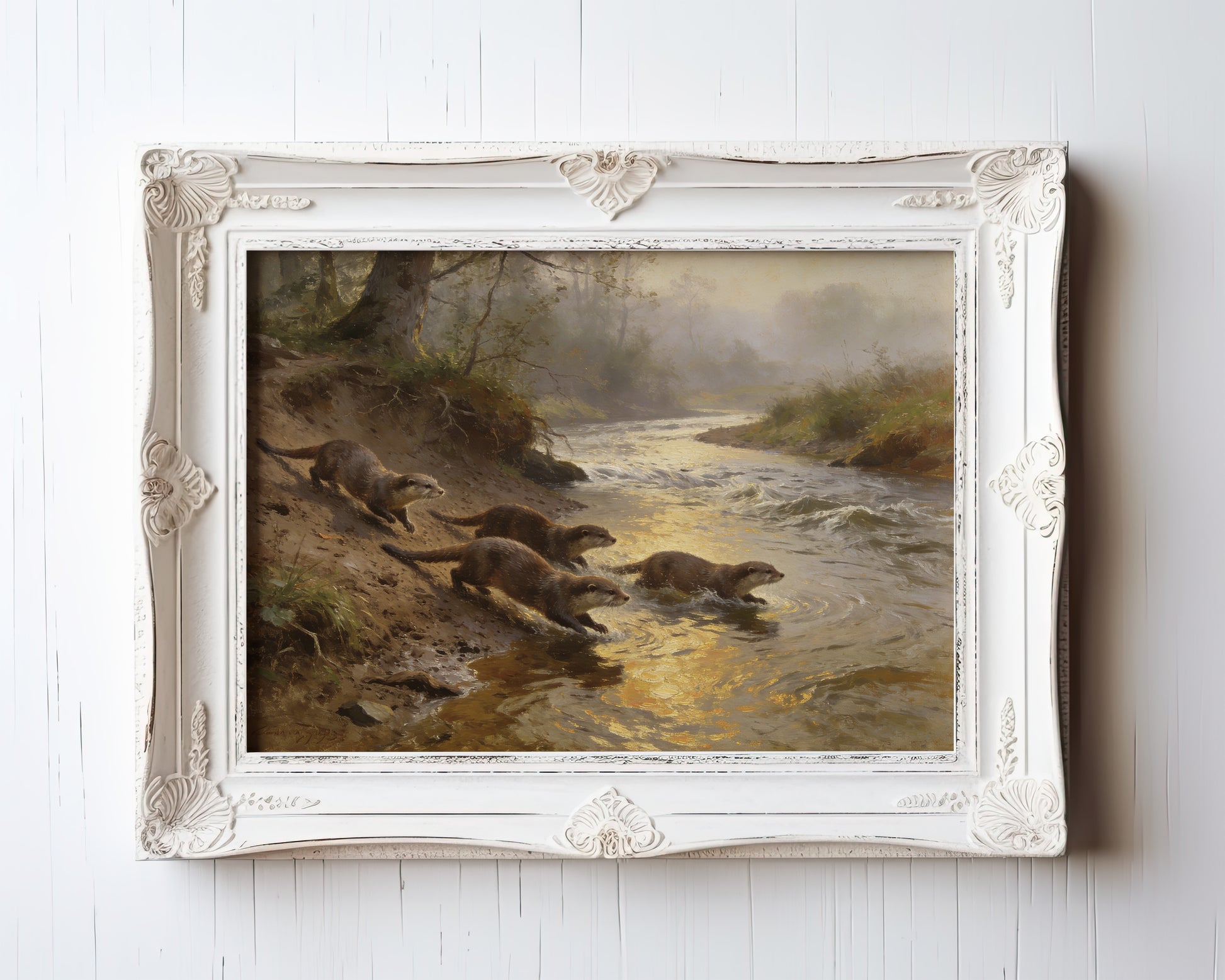 Oil painting of otters entering a misty river at golden hour, wildlife wall art — view 3