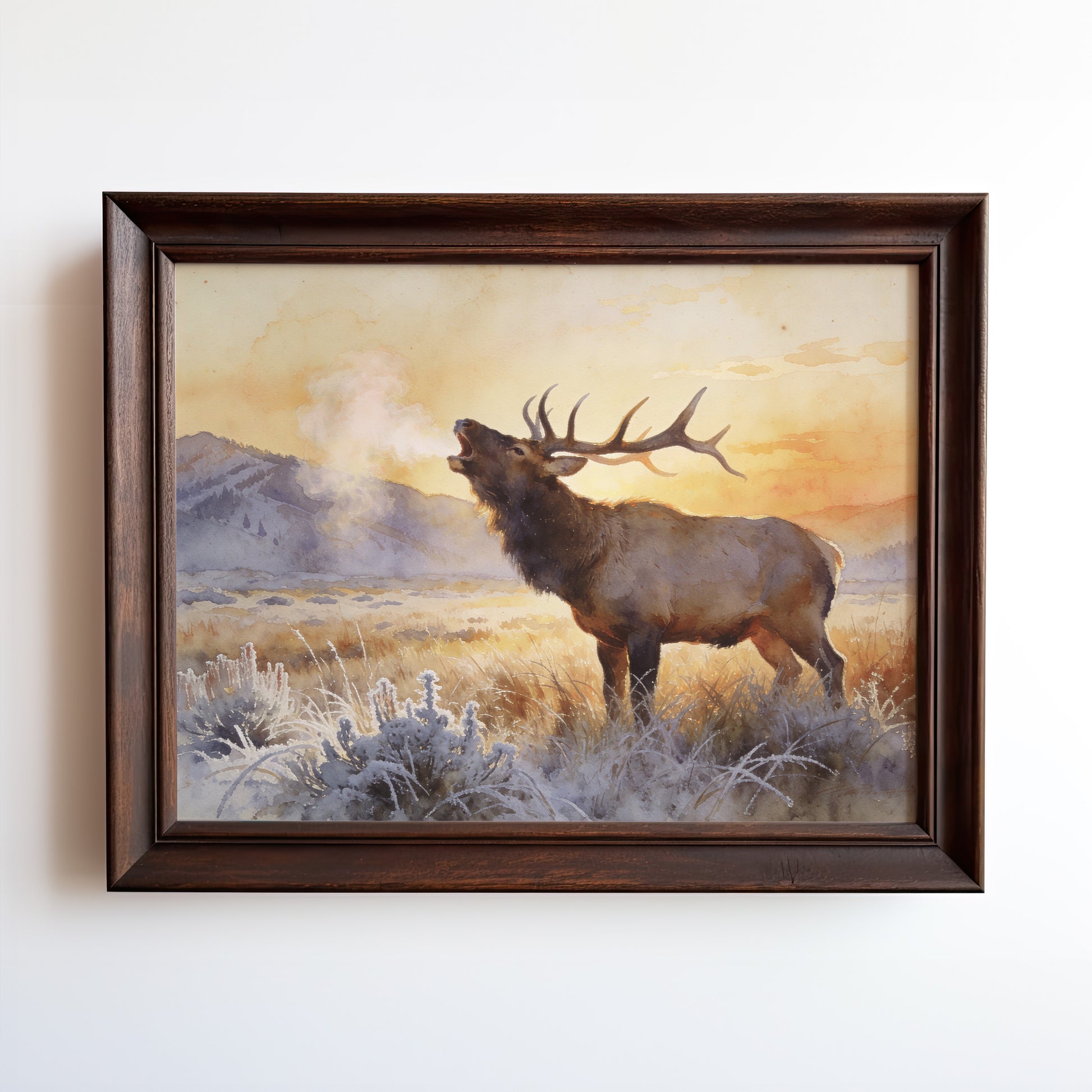 Watercolor print of a bugling elk in a frost-covered mountain valley at sunrise