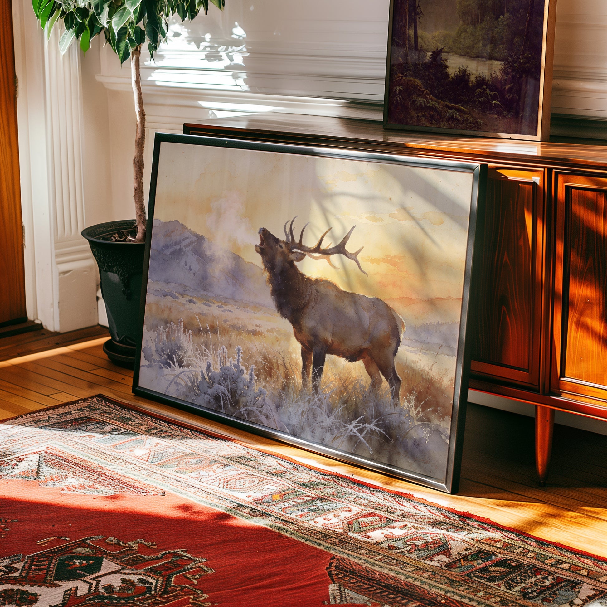 Watercolor print of a bugling elk in a frost-covered mountain valley at sunrise — view 2