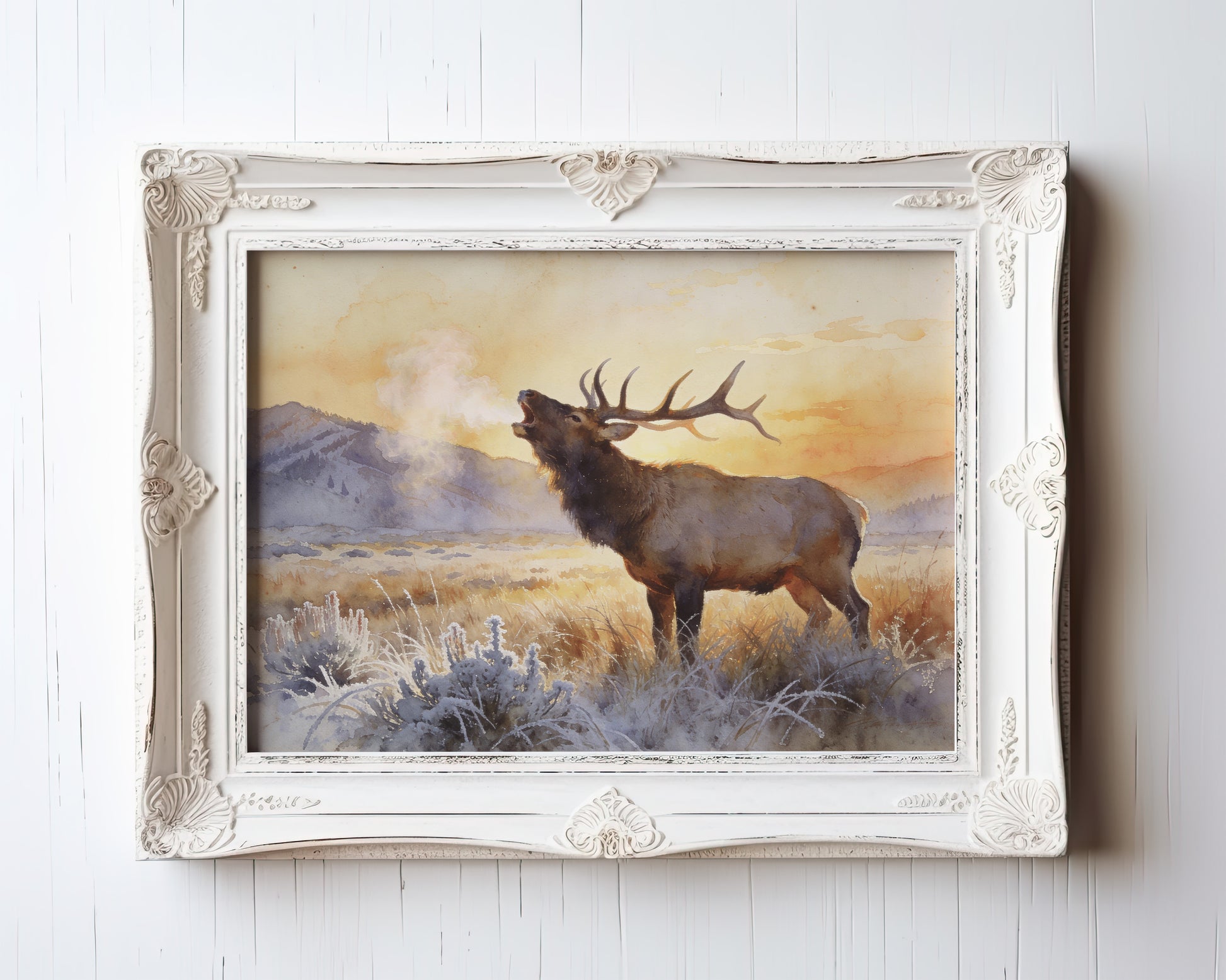 Watercolor print of a bugling elk in a frost-covered mountain valley at sunrise — view 3