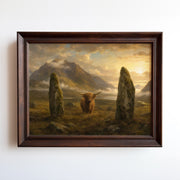 Oil painting of Highland cattle among ancient standing stones in a misty mountain valley