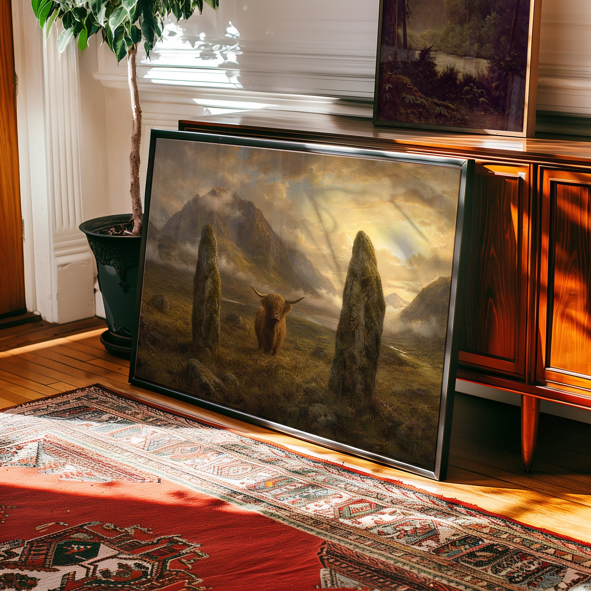 Oil painting of Highland cattle among ancient standing stones in a misty mountain valley — view 2
