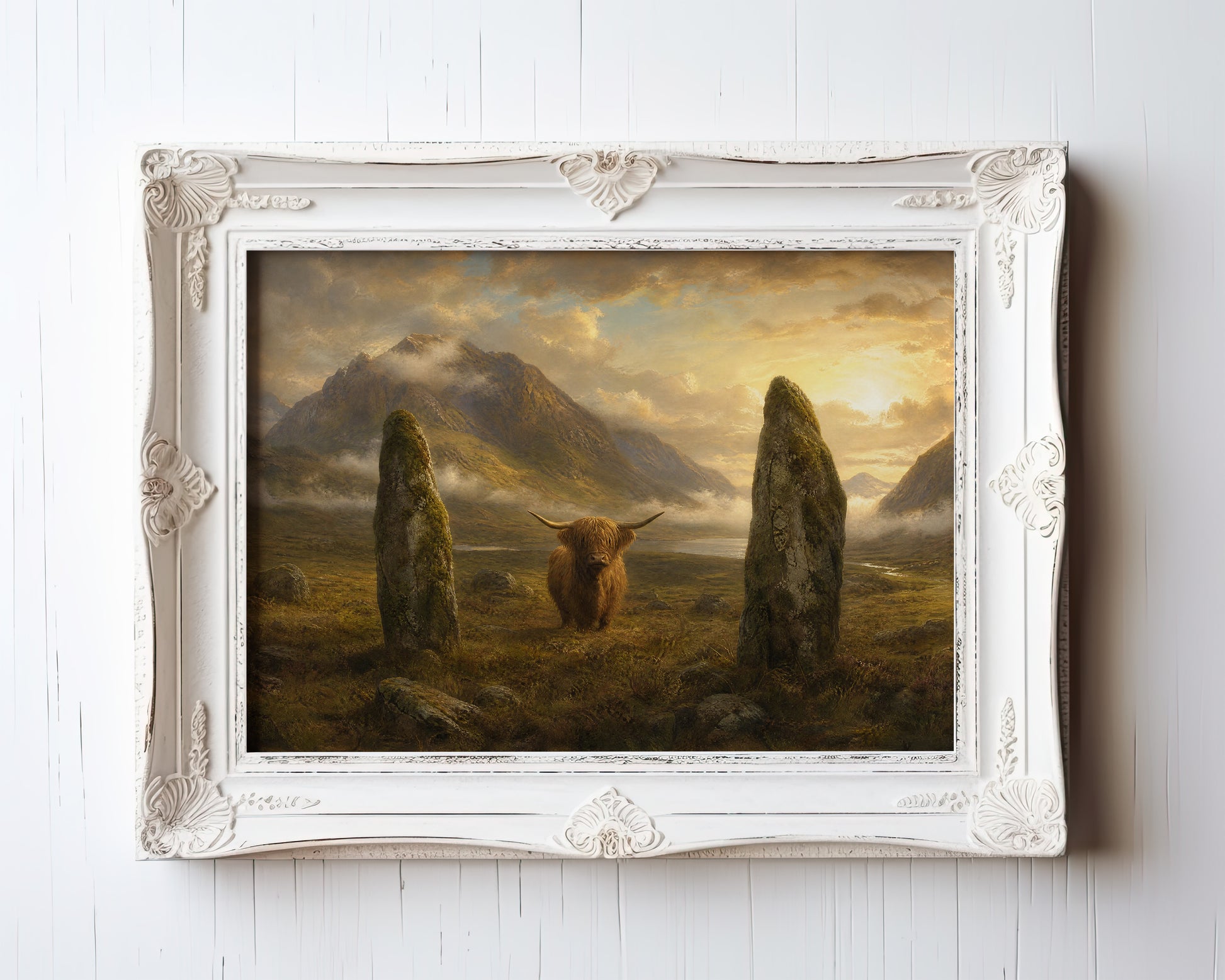 Oil painting of Highland cattle among ancient standing stones in a misty mountain valley — view 3