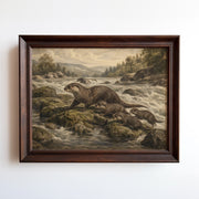 Etching-style print of an otter family in a mountain river with mossy rocks and forest backdrop