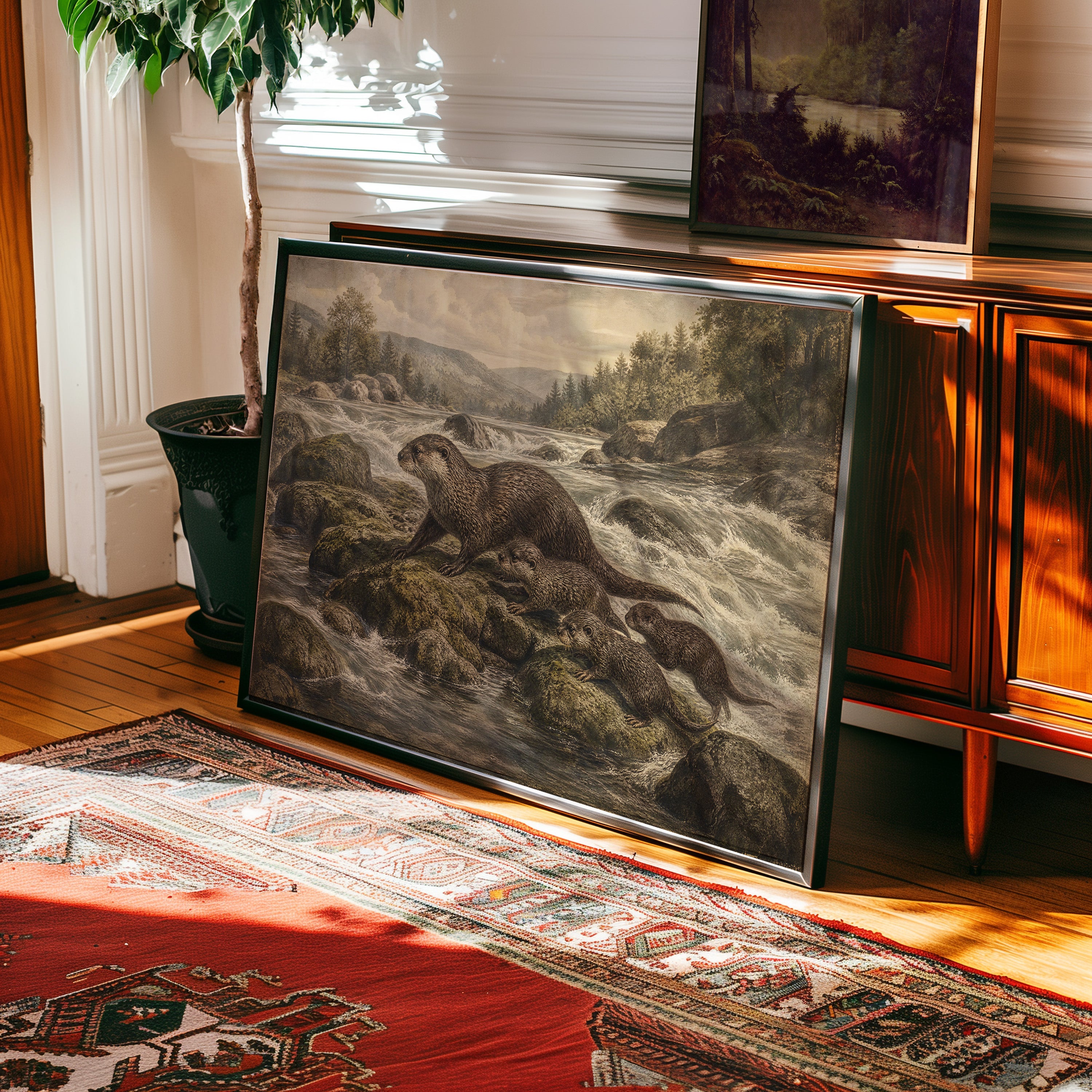 Etching-style print of an otter family in a mountain river with mossy rocks and forest backdrop — view 2