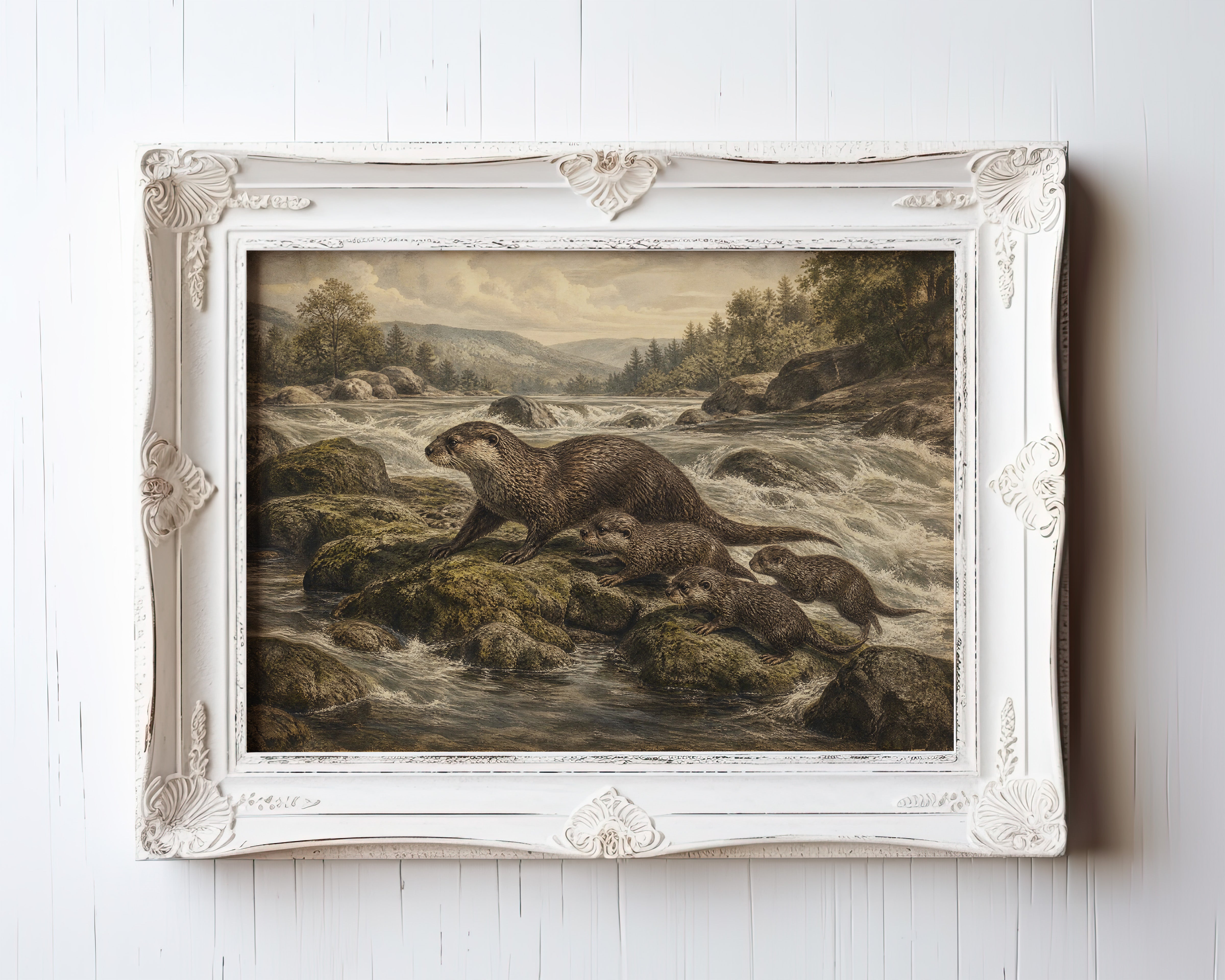 Etching-style print of an otter family in a mountain river with mossy rocks and forest backdrop — view 3