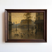 Oil painting of solitary figure feeding pigeons in misty European plaza with cathedral spires