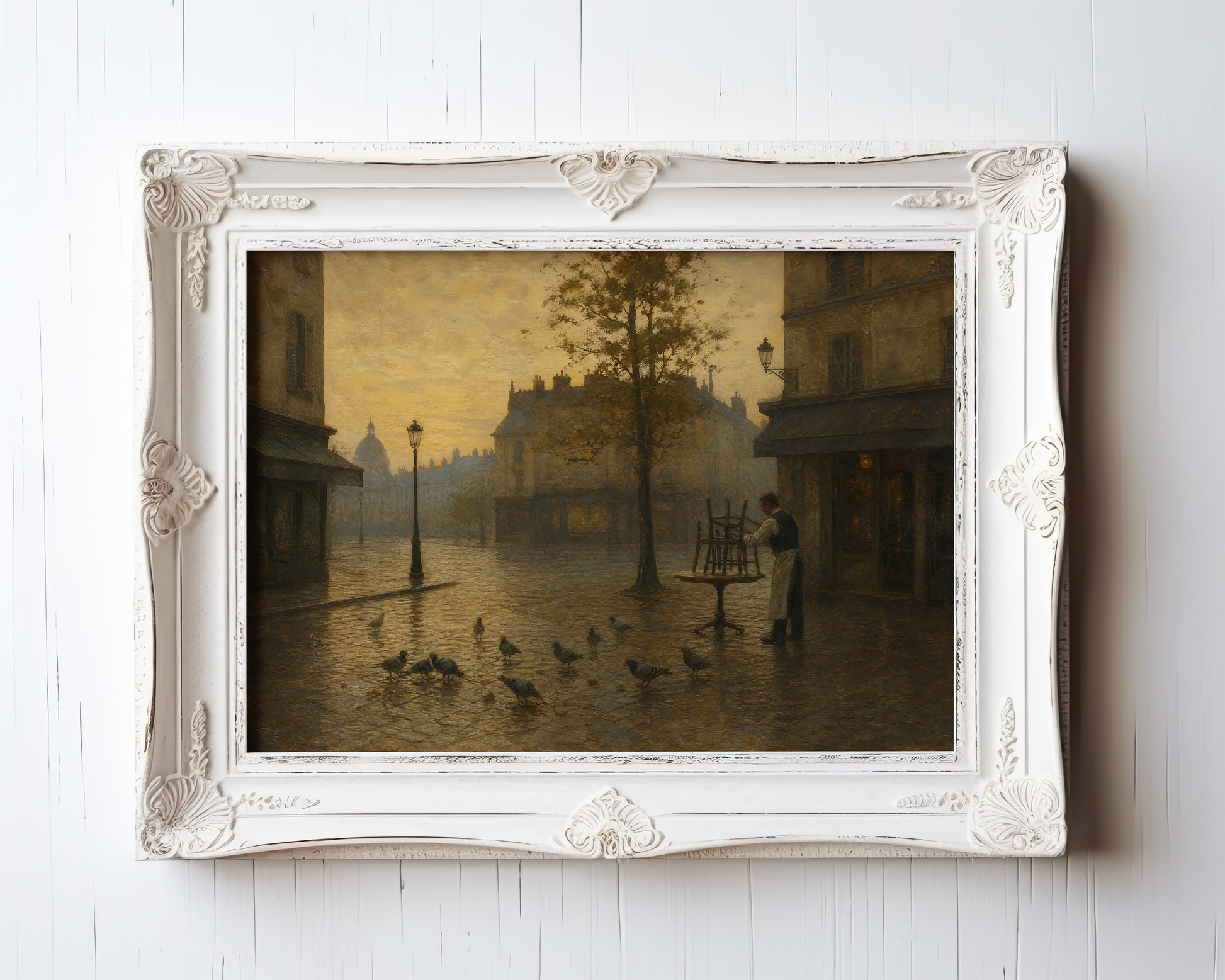 Oil painting of solitary figure feeding pigeons in misty European plaza with cathedral spires — view 3