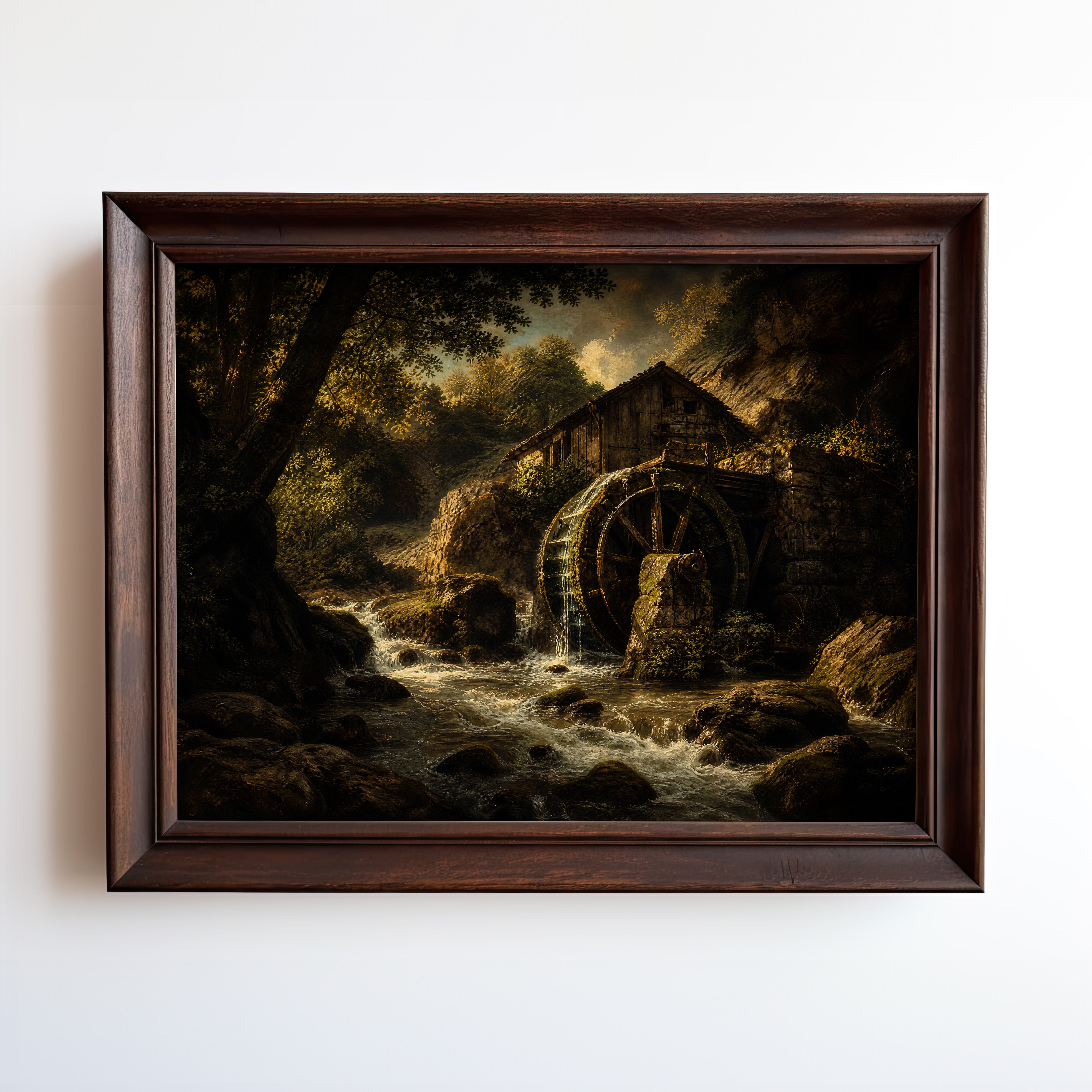 Oil painting print of an old watermill with wooden wheel in a golden-lit forest stream