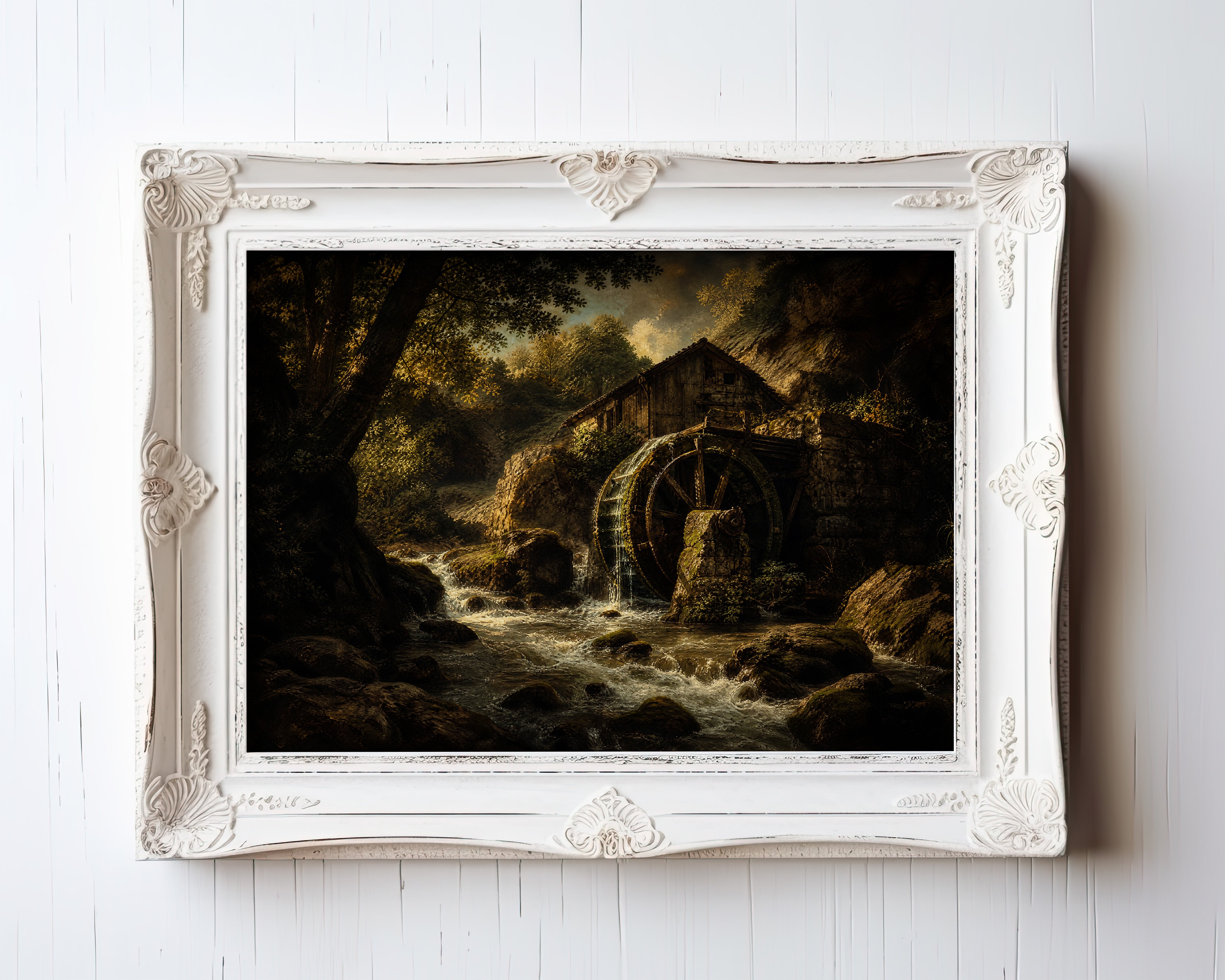 Oil painting print of an old watermill with wooden wheel in a golden-lit forest stream — view 3
