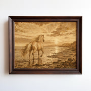 Etching of a horse wading in golden sunset water on a coastal shore