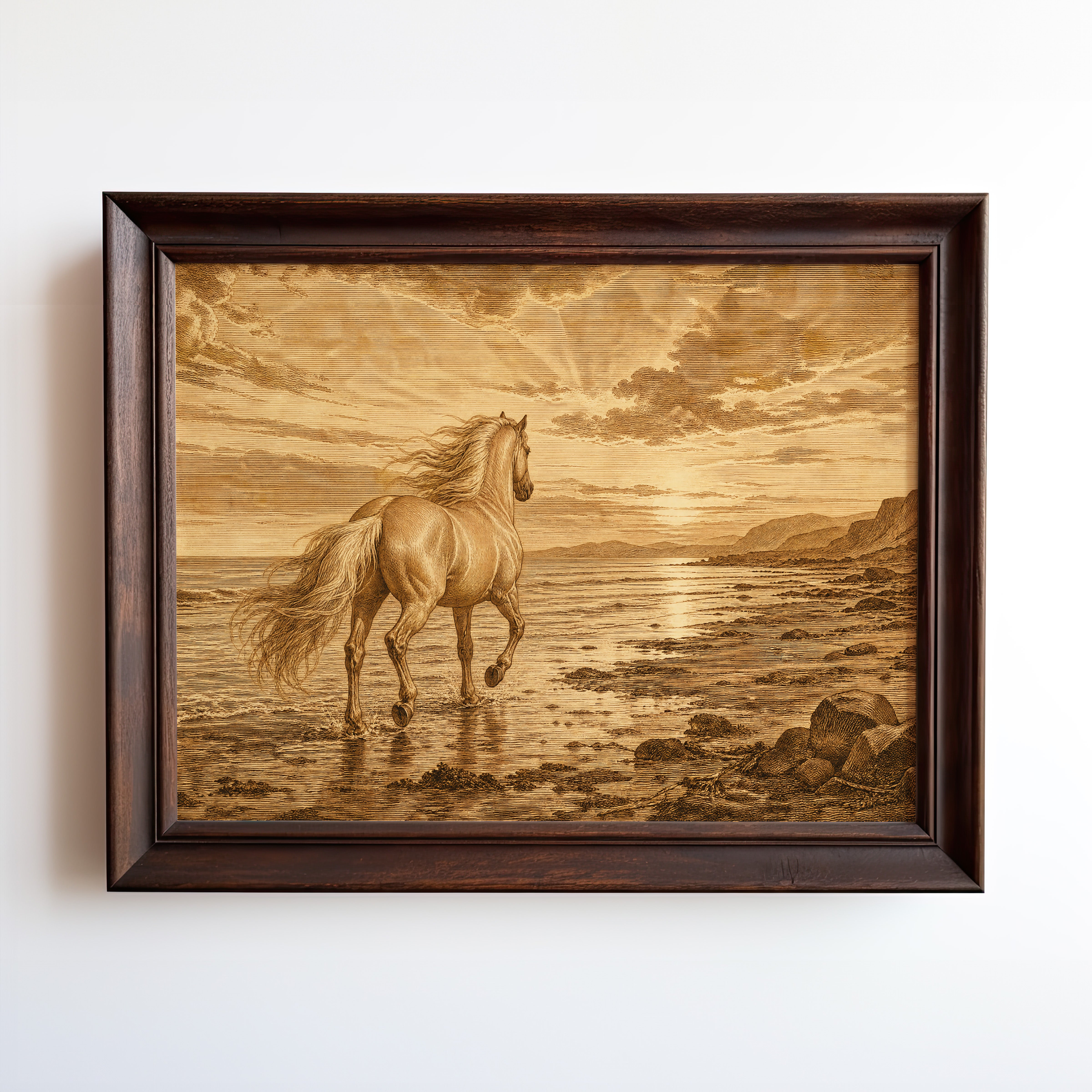 Etching of a horse wading in golden sunset water on a coastal shore