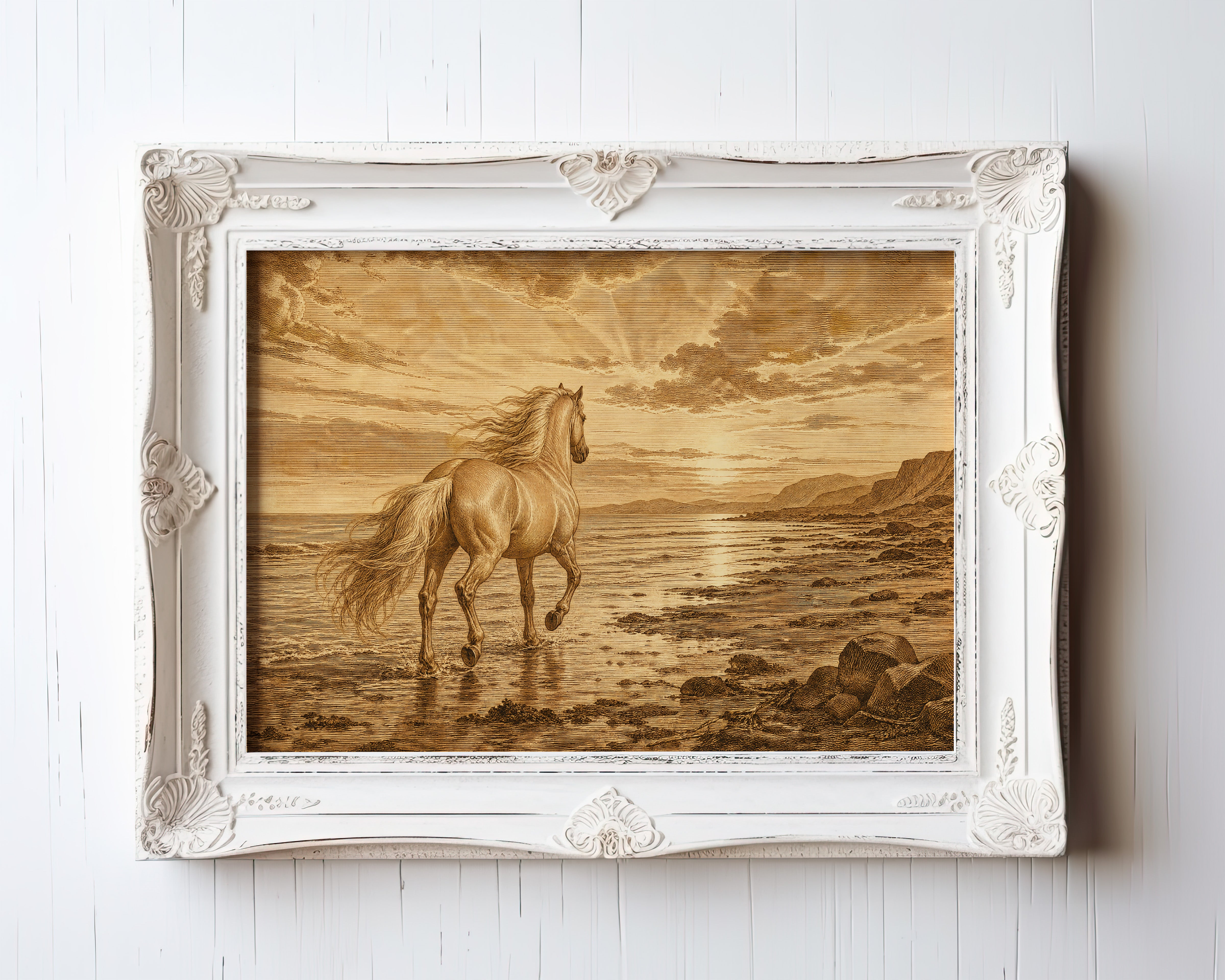 Etching of a horse wading in golden sunset water on a coastal shore — view 3