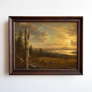 Oil painting of a woodpecker on a weathered snag above a golden-hour lake valley landscape