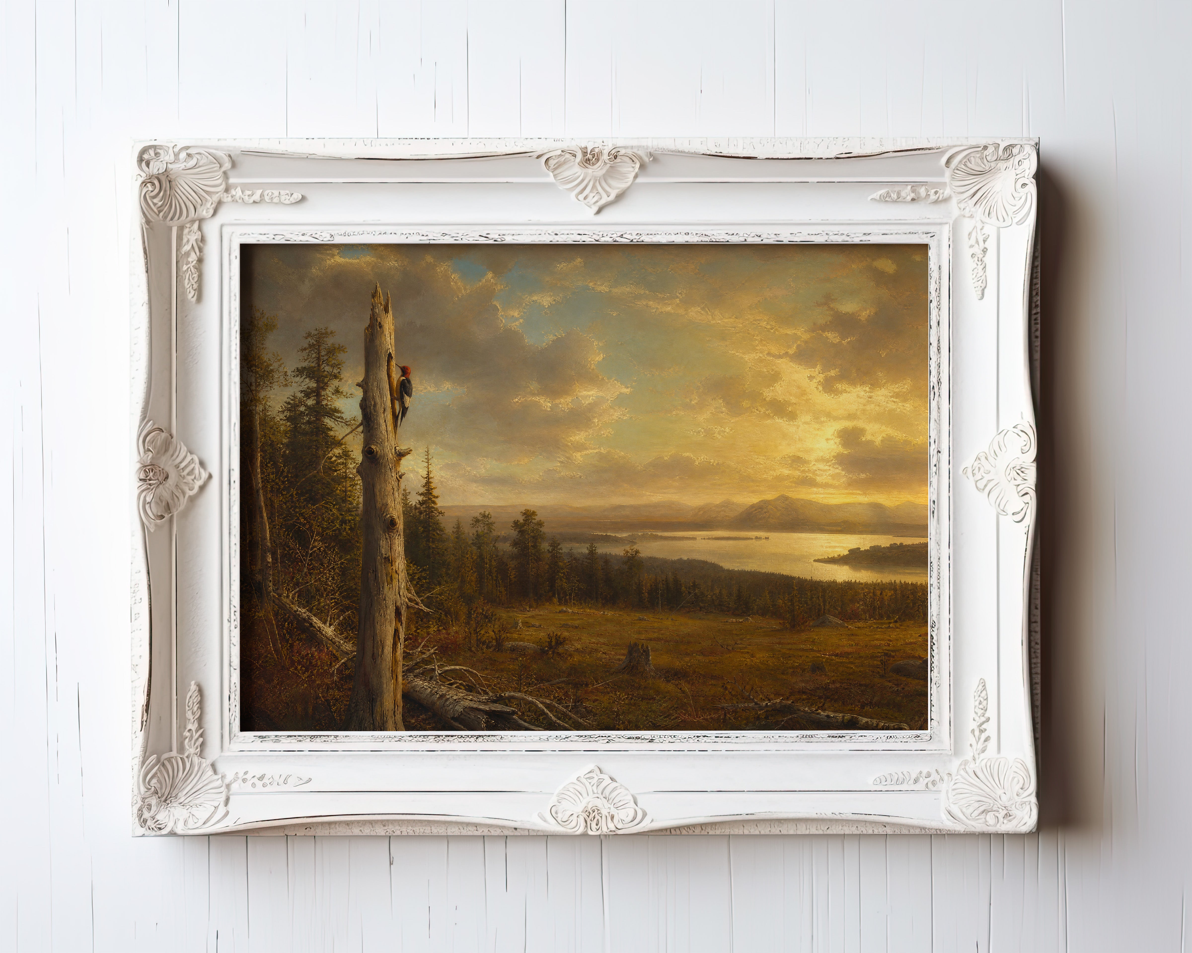 Oil painting of a woodpecker on a weathered snag above a golden-hour lake valley landscape — view 3