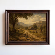 Oil painting of geese walking a dirt farm road to a cabin in a mountain valley