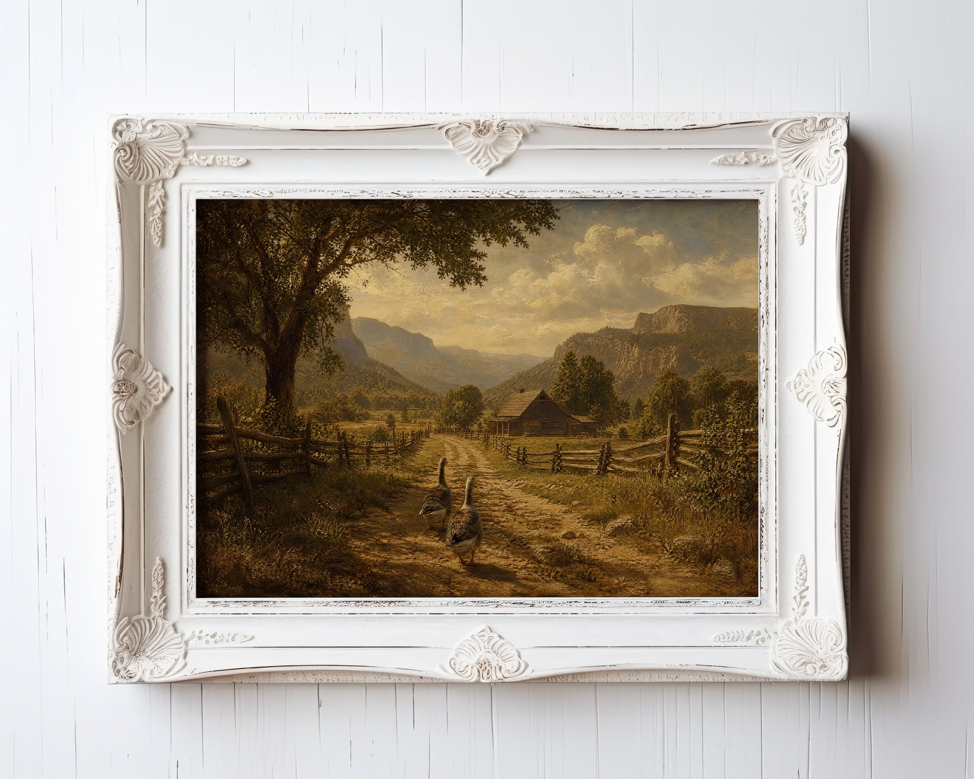 Oil painting of geese walking a dirt farm road to a cabin in a mountain valley — view 3