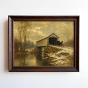 Oil painting of horse-drawn wagon crossing covered bridge in winter landscape