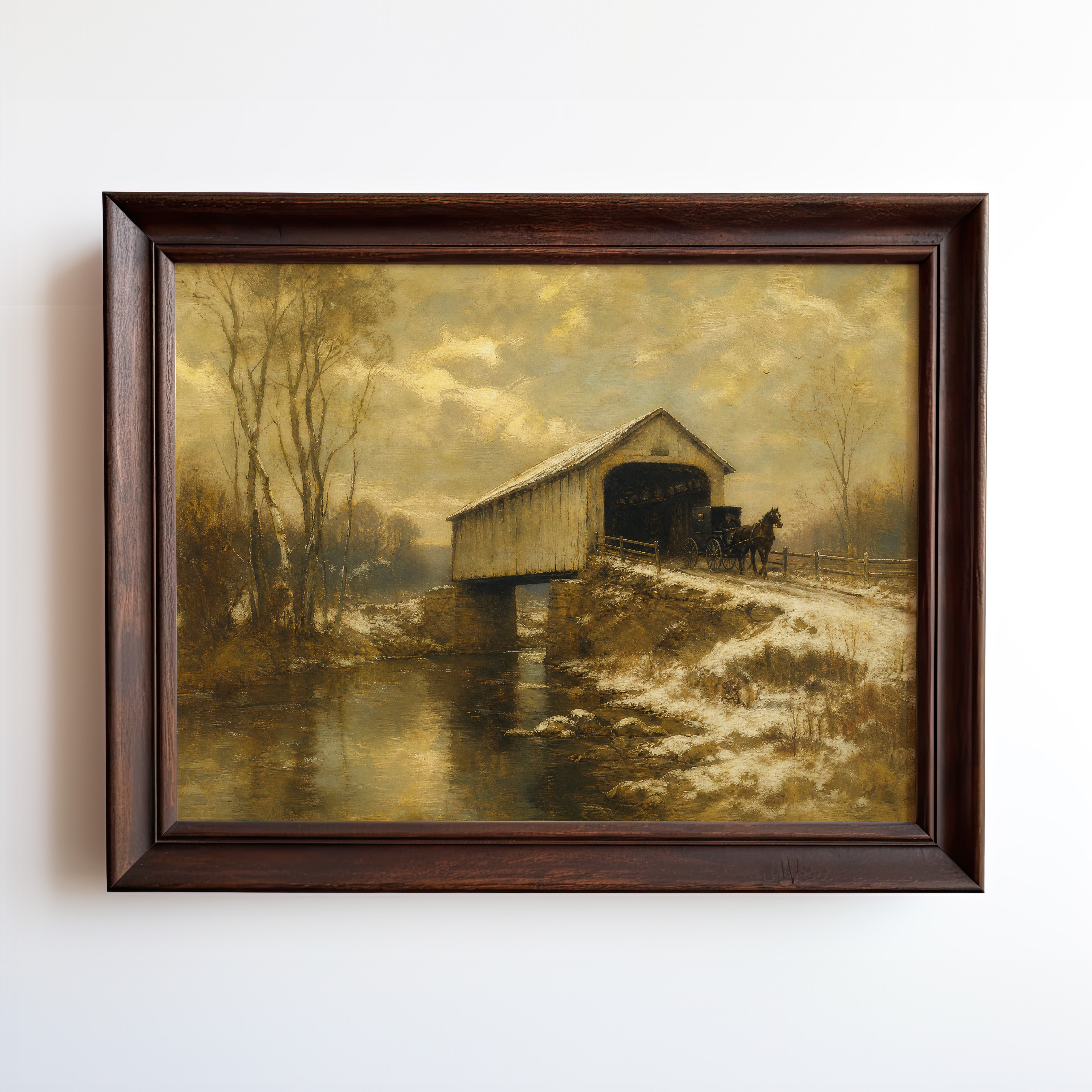 Oil painting of horse-drawn wagon crossing covered bridge in winter landscape