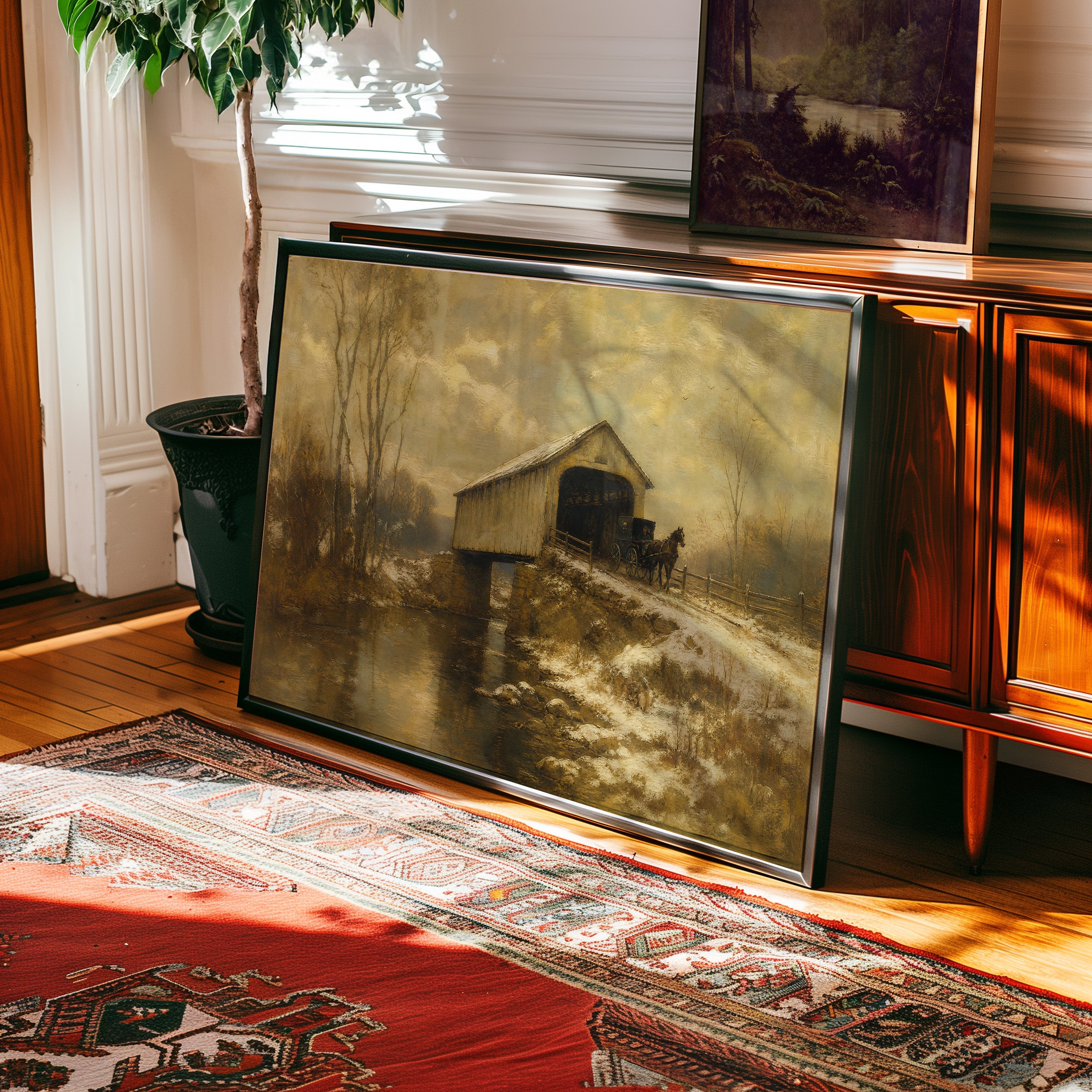 Oil painting of horse-drawn wagon crossing covered bridge in winter landscape — view 2