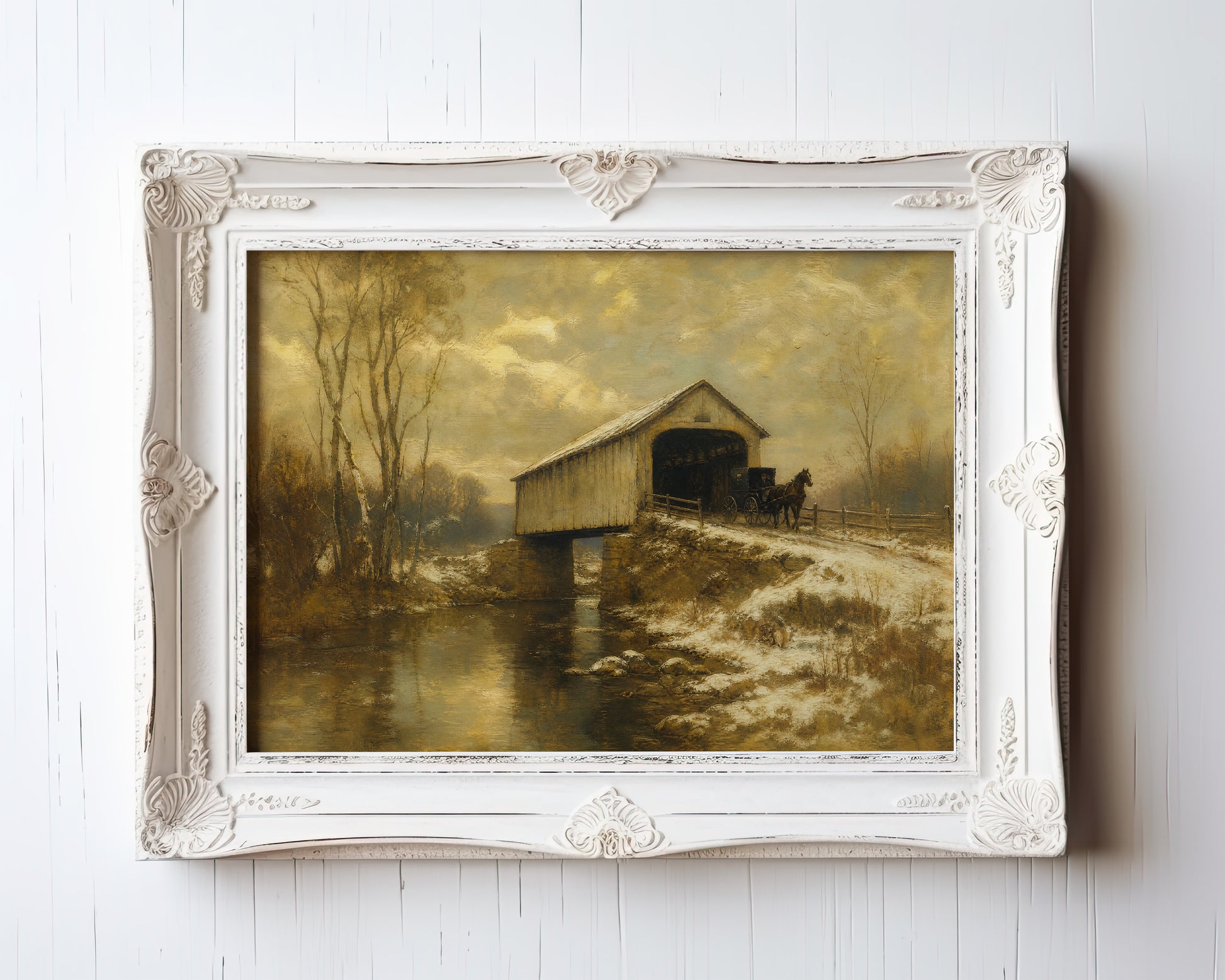 Oil painting of horse-drawn wagon crossing covered bridge in winter landscape — view 3