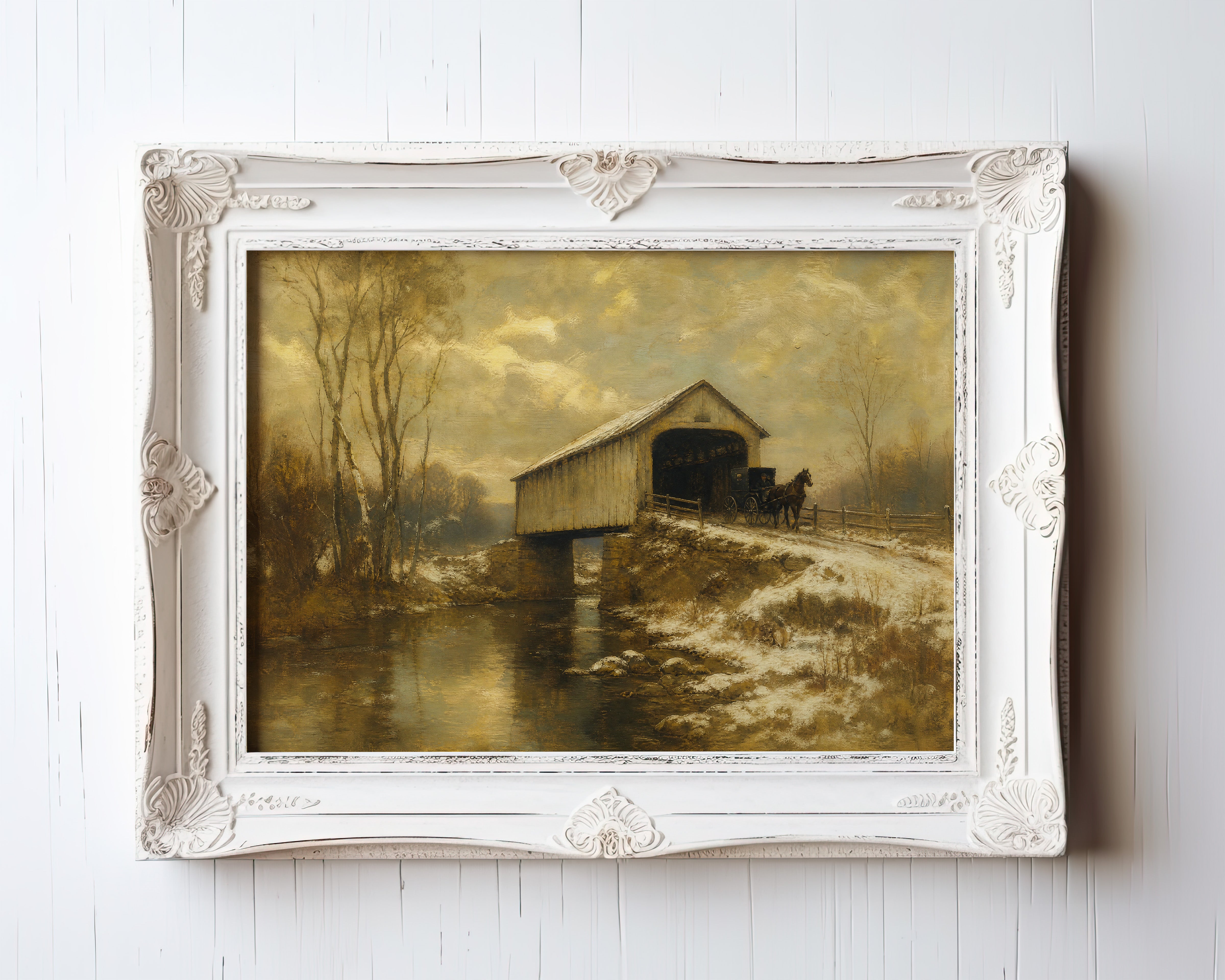 Oil painting of horse-drawn wagon crossing covered bridge in winter landscape — view 3