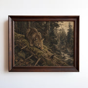 Etched-style print of a lynx stalking through misty forest with fallen logs and ferns