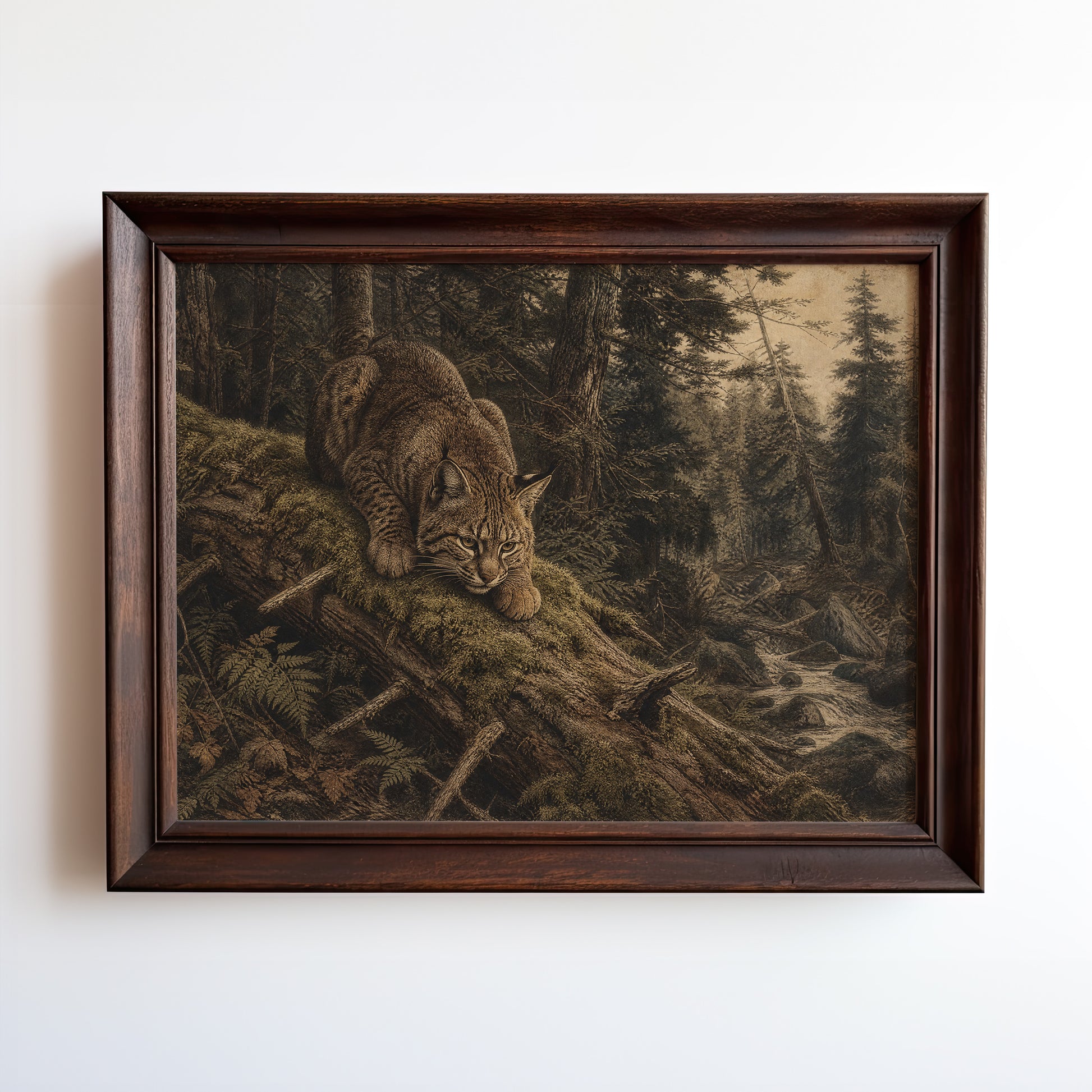 Etched-style print of a lynx stalking through misty forest with fallen logs and ferns