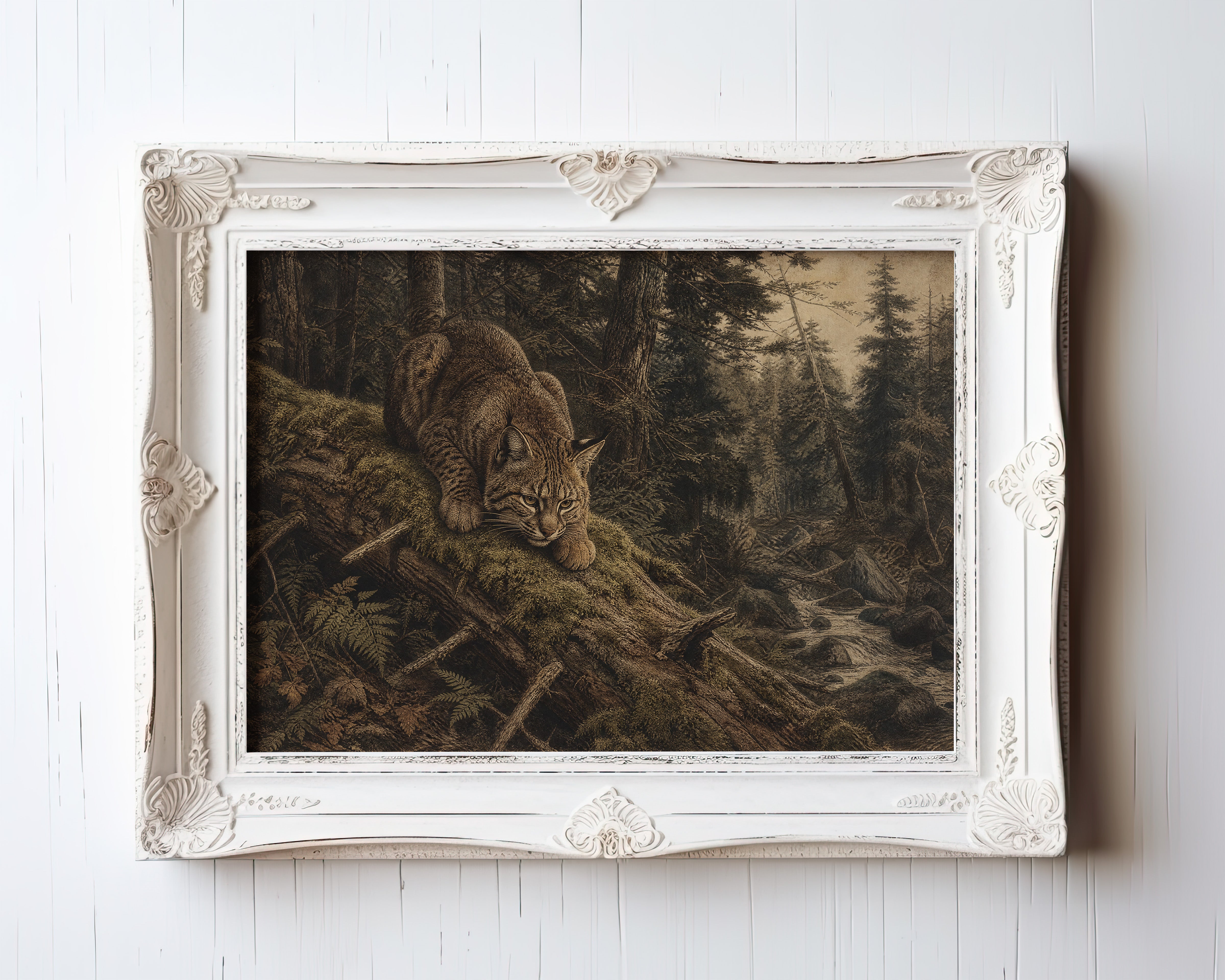 Etched-style print of a lynx stalking through misty forest with fallen logs and ferns — view 3