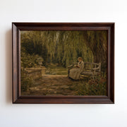 Oil painting of a woman reading beneath willow trees in an overgrown garden