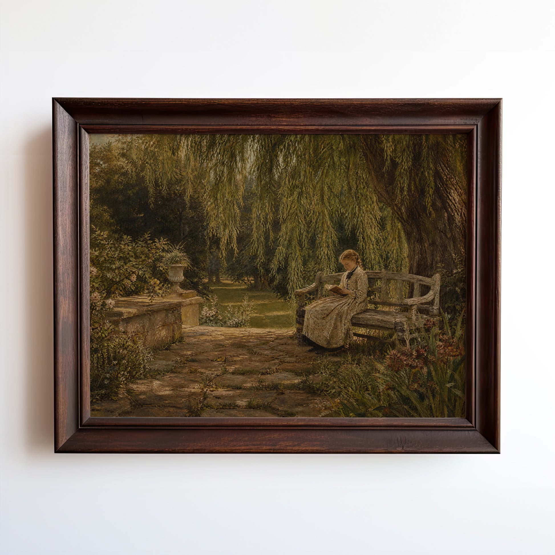 Oil painting of a woman reading beneath willow trees in an overgrown garden