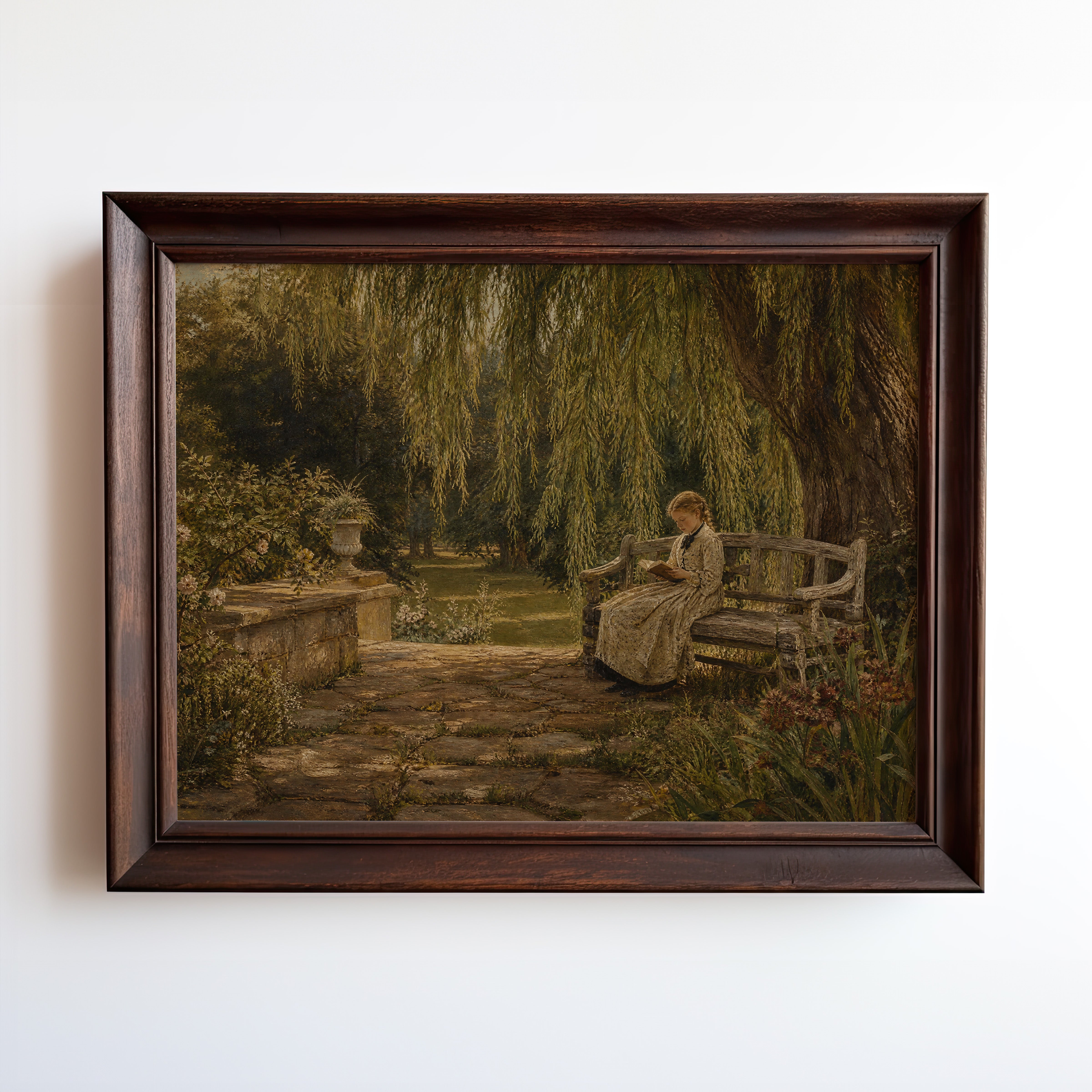 Oil painting of a woman reading beneath willow trees in an overgrown garden