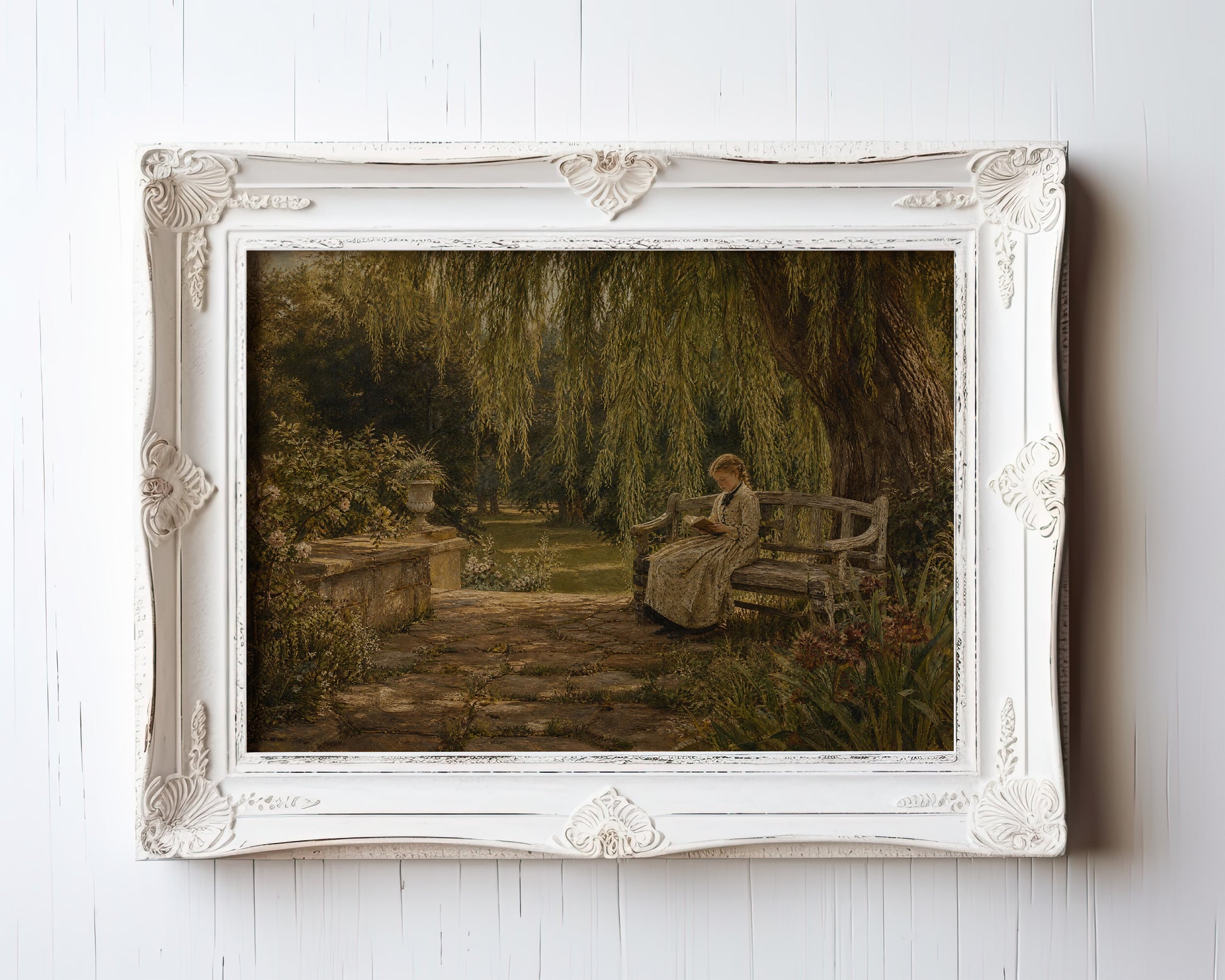 Oil painting of a woman reading beneath willow trees in an overgrown garden — view 3