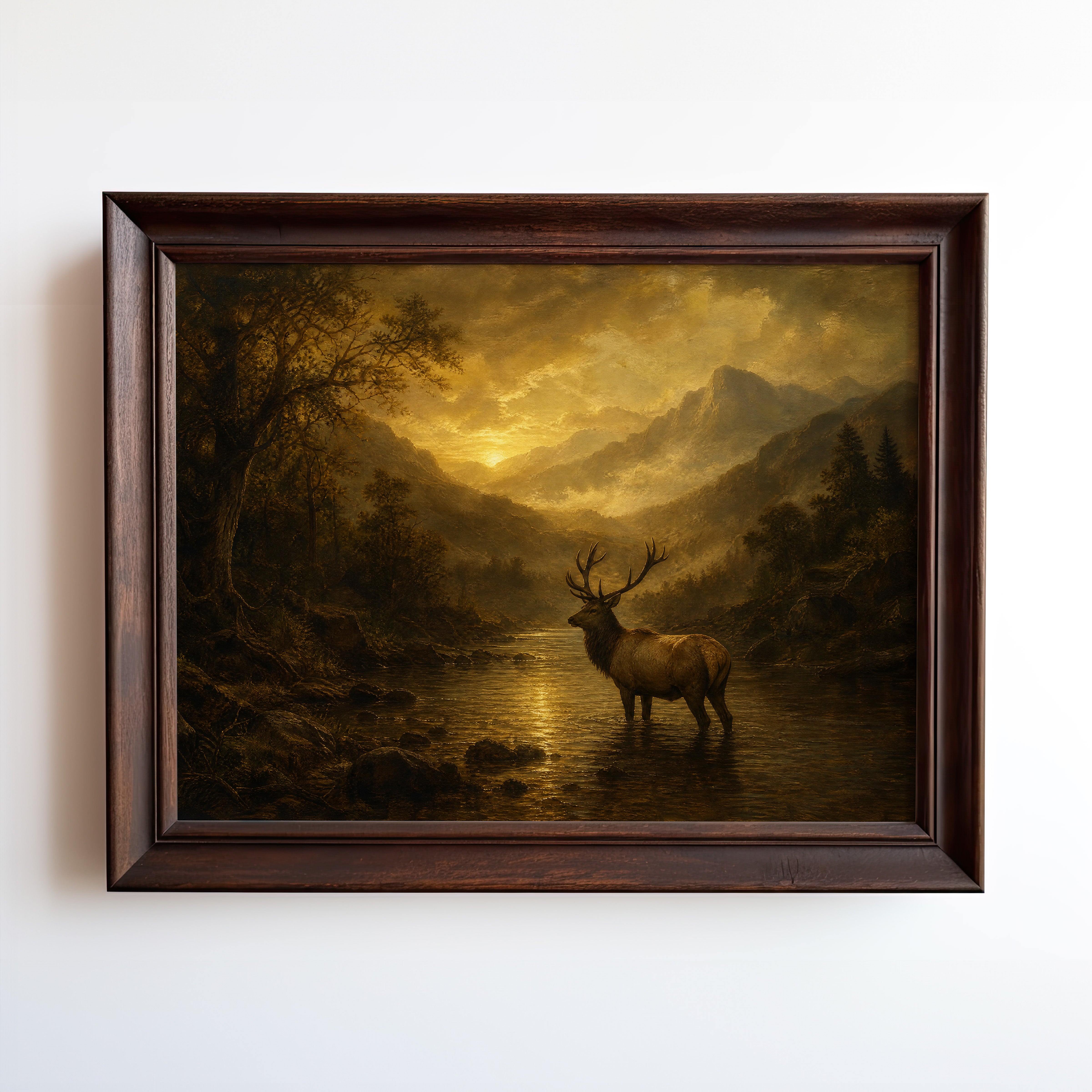 Oil painting of an elk wading through a golden river at sunset with misty mountains