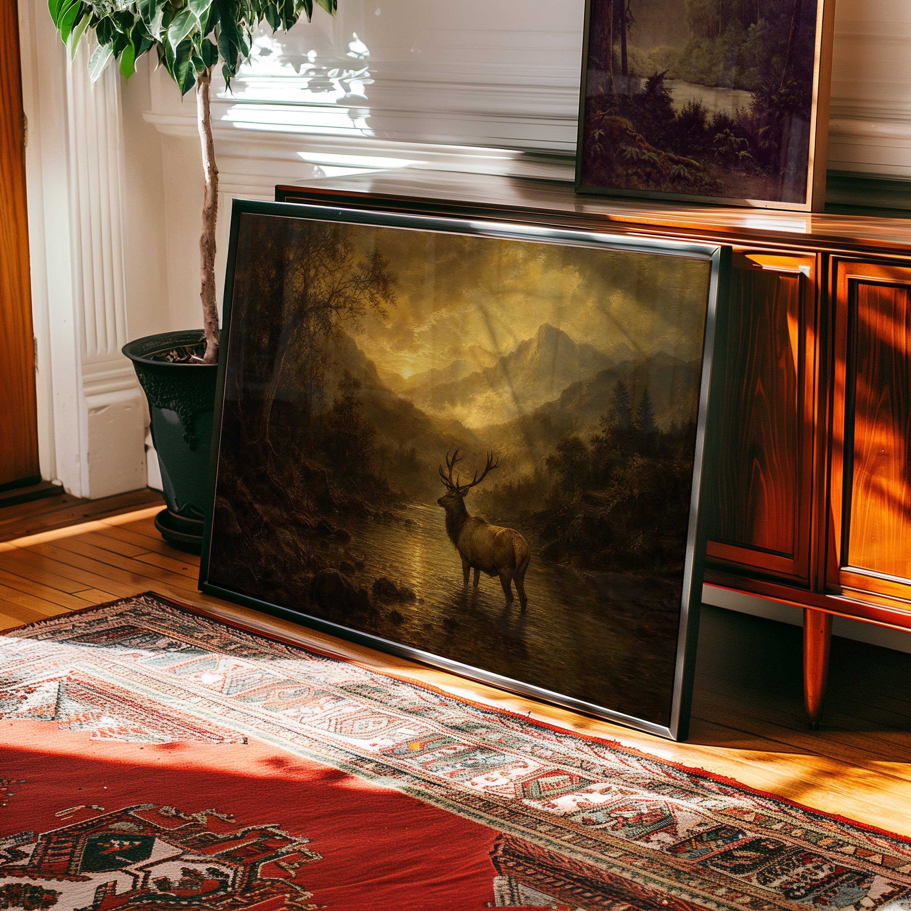 Oil painting of an elk wading through a golden river at sunset with misty mountains — view 2