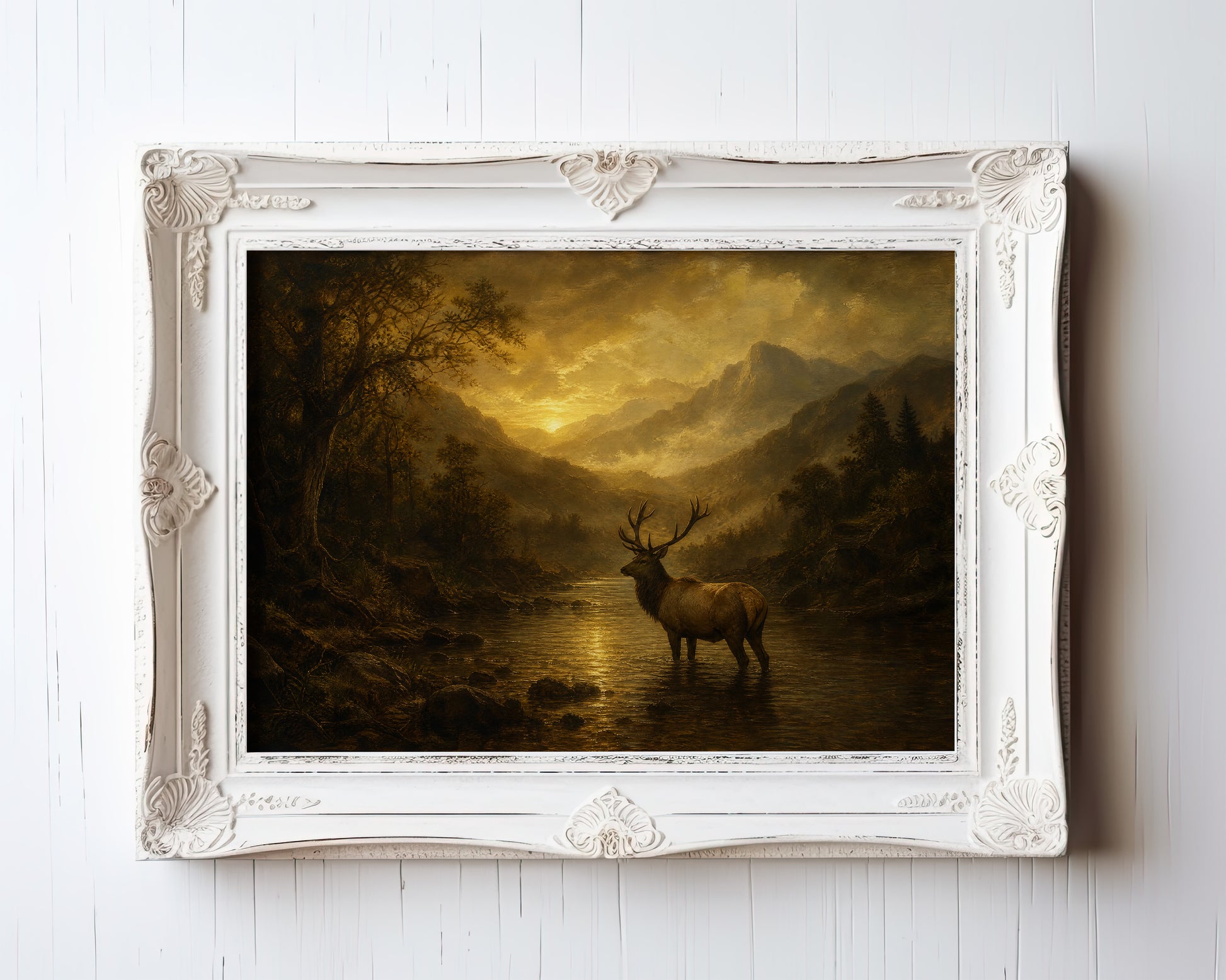 Oil painting of an elk wading through a golden river at sunset with misty mountains — view 3
