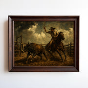 Oil painting of a cowboy roping a steer in a dusty arena at golden hour