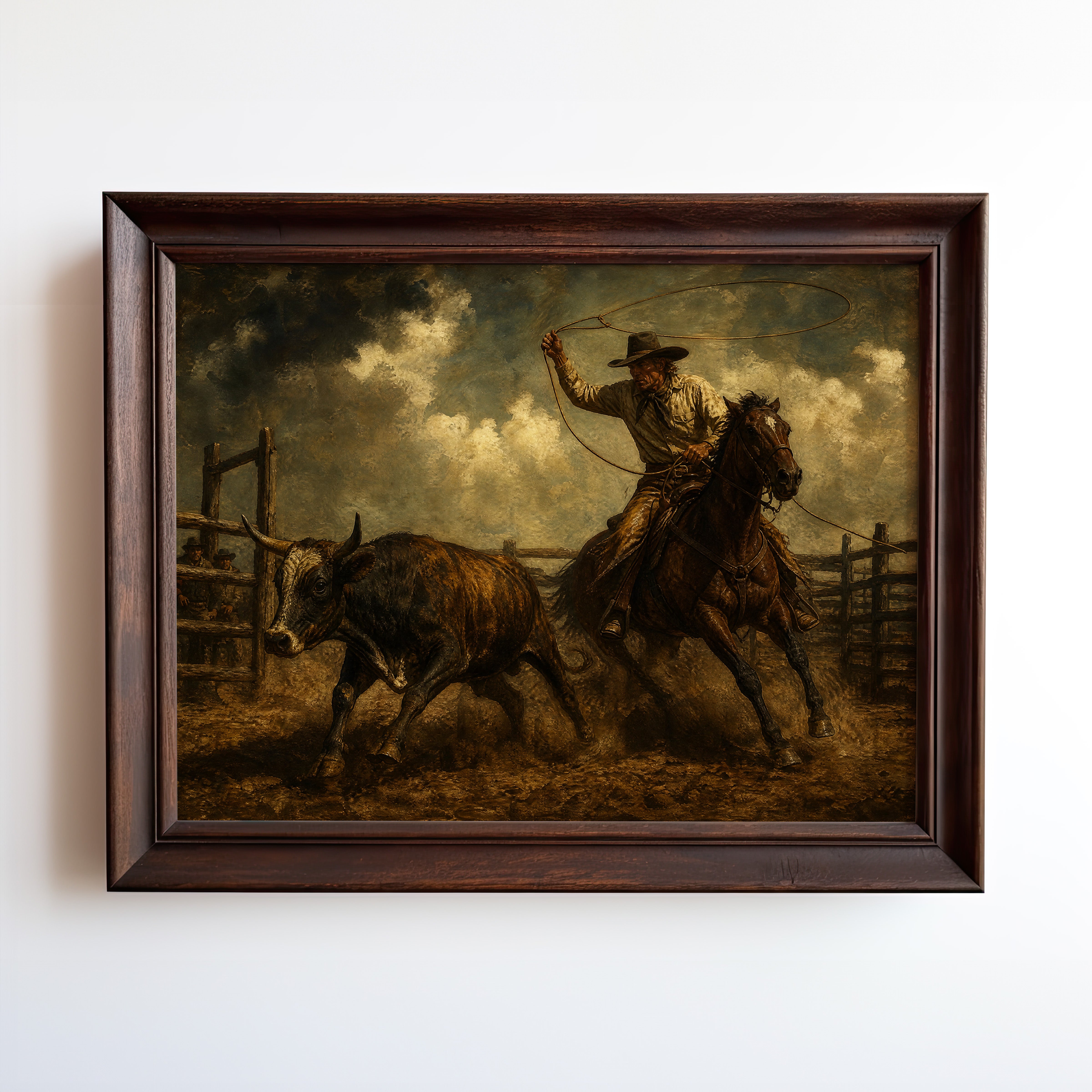 Oil painting of a cowboy roping a steer in a dusty arena at golden hour