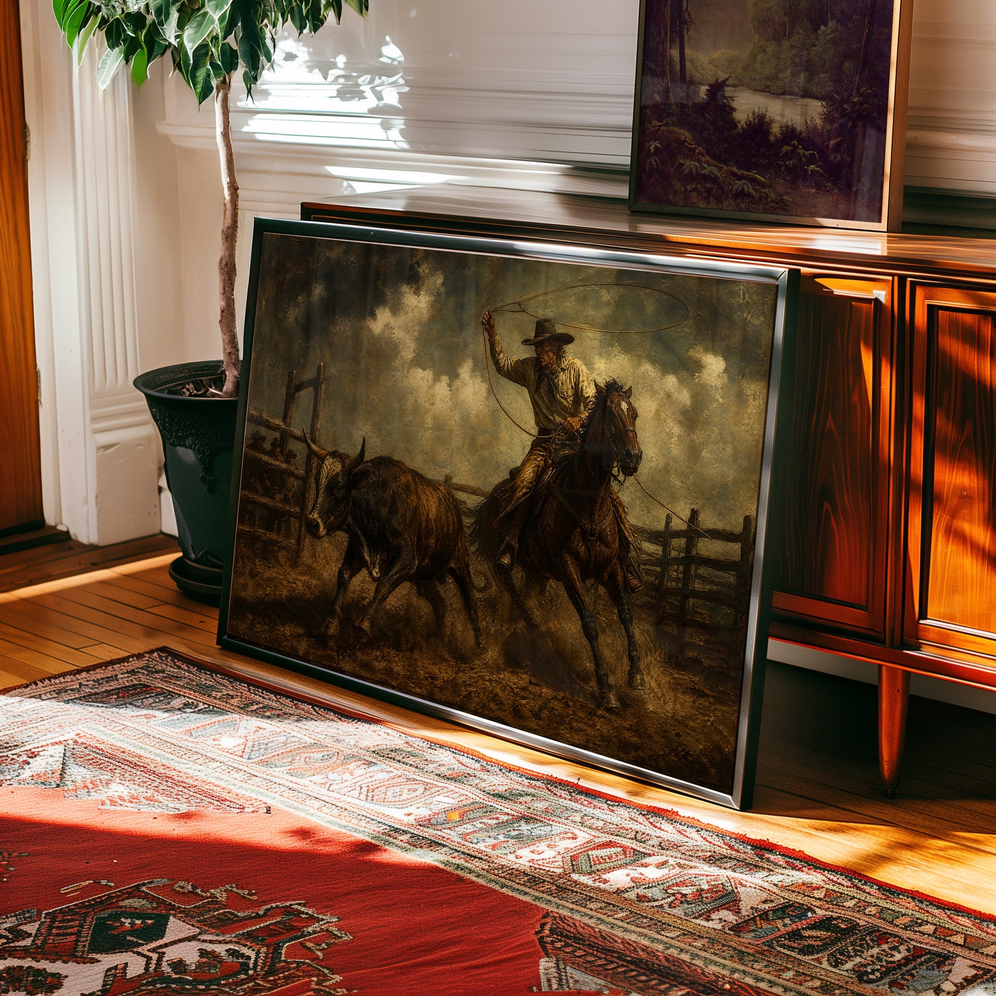 Oil painting of a cowboy roping a steer in a dusty arena at golden hour — view 2